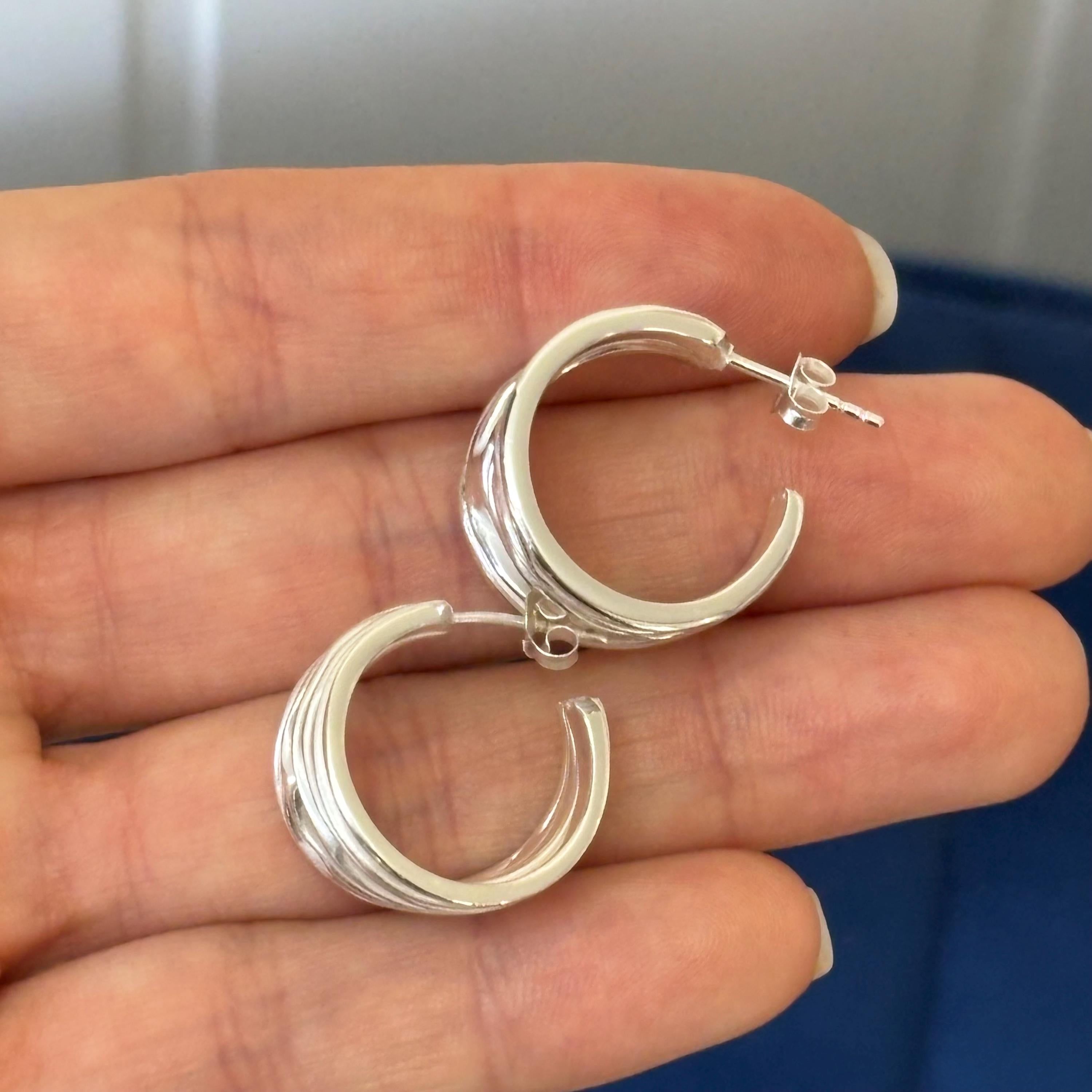 Sterling Silver Polished and Satin Rhodium-plated Textured Post Hoop Earrings
