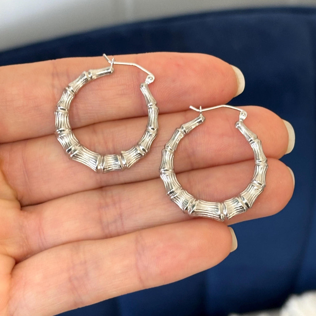Sterling Silver Rhodium-plated Bamboo Round Hoop Earrings