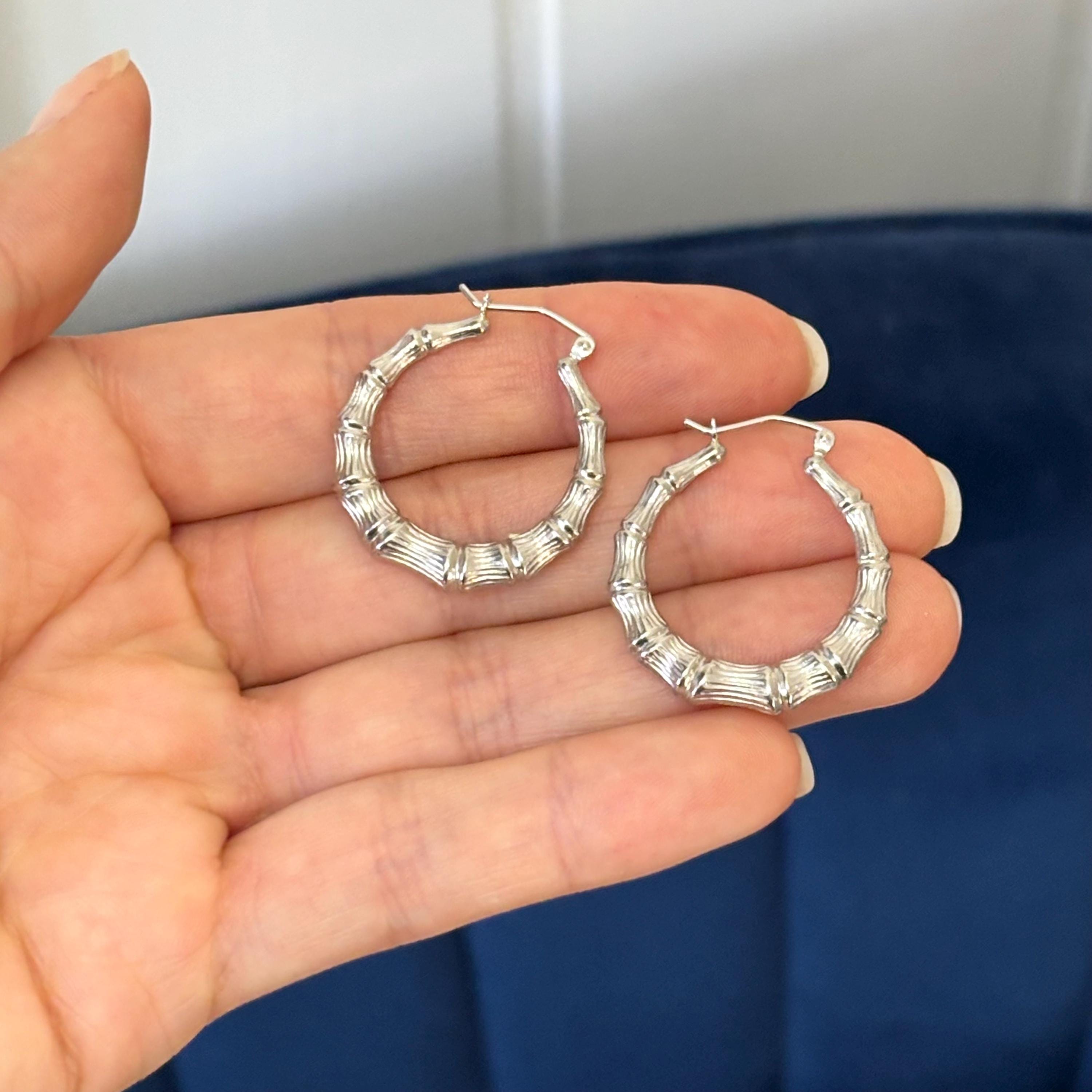 Sterling Silver Rhodium-plated Bamboo Round Hoop Earrings