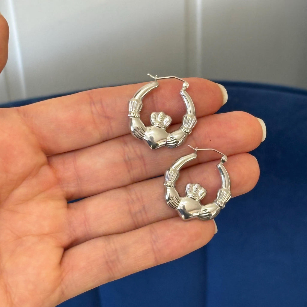 Sterling Silver Rhodium-plated Polished Claddagh Round Hoop Earrings