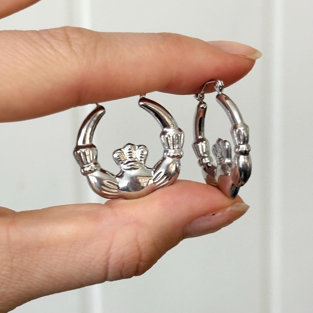 Sterling Silver Rhodium-plated Polished Claddagh Round Hoop Earrings
