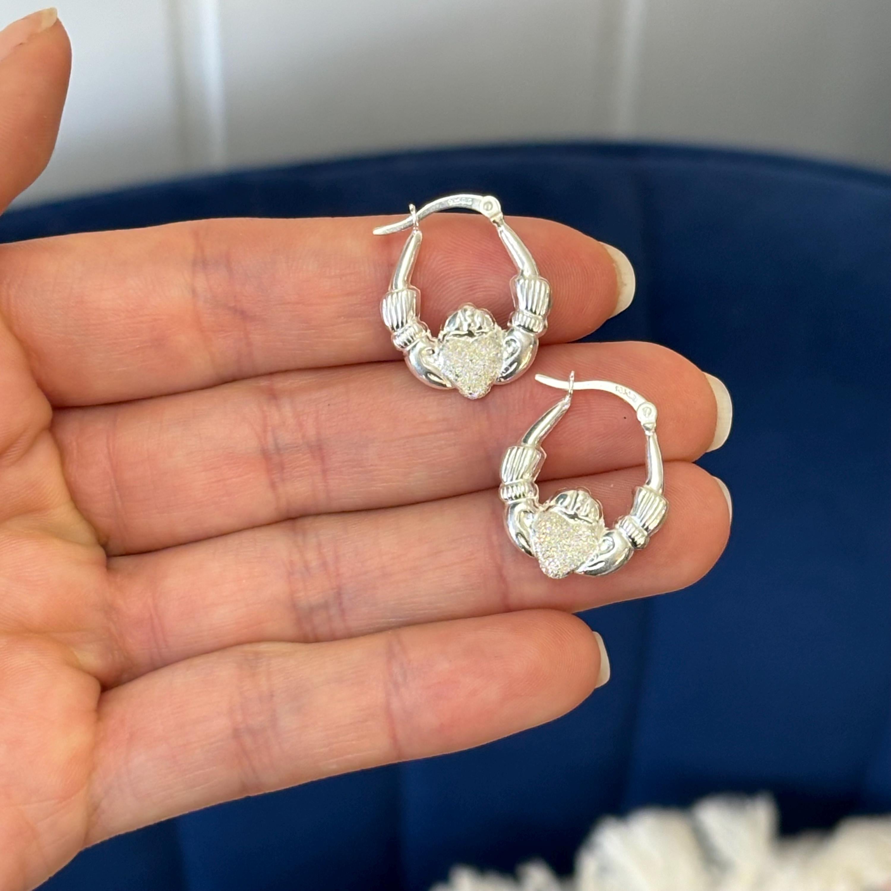 Sterling Silver Polished Textured Claddagh Hoop Earrings