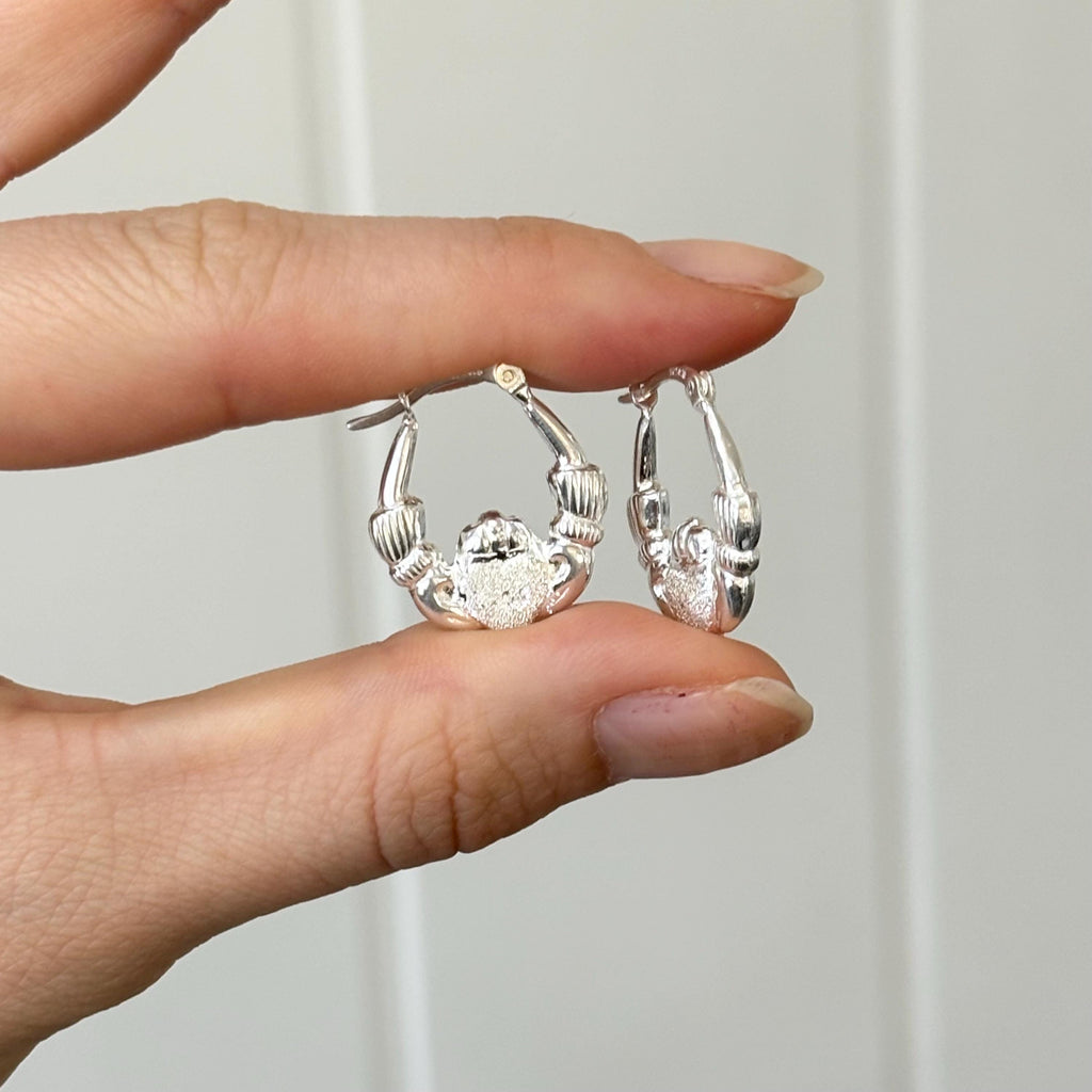 Sterling Silver Polished Textured Claddagh Hoop Earrings