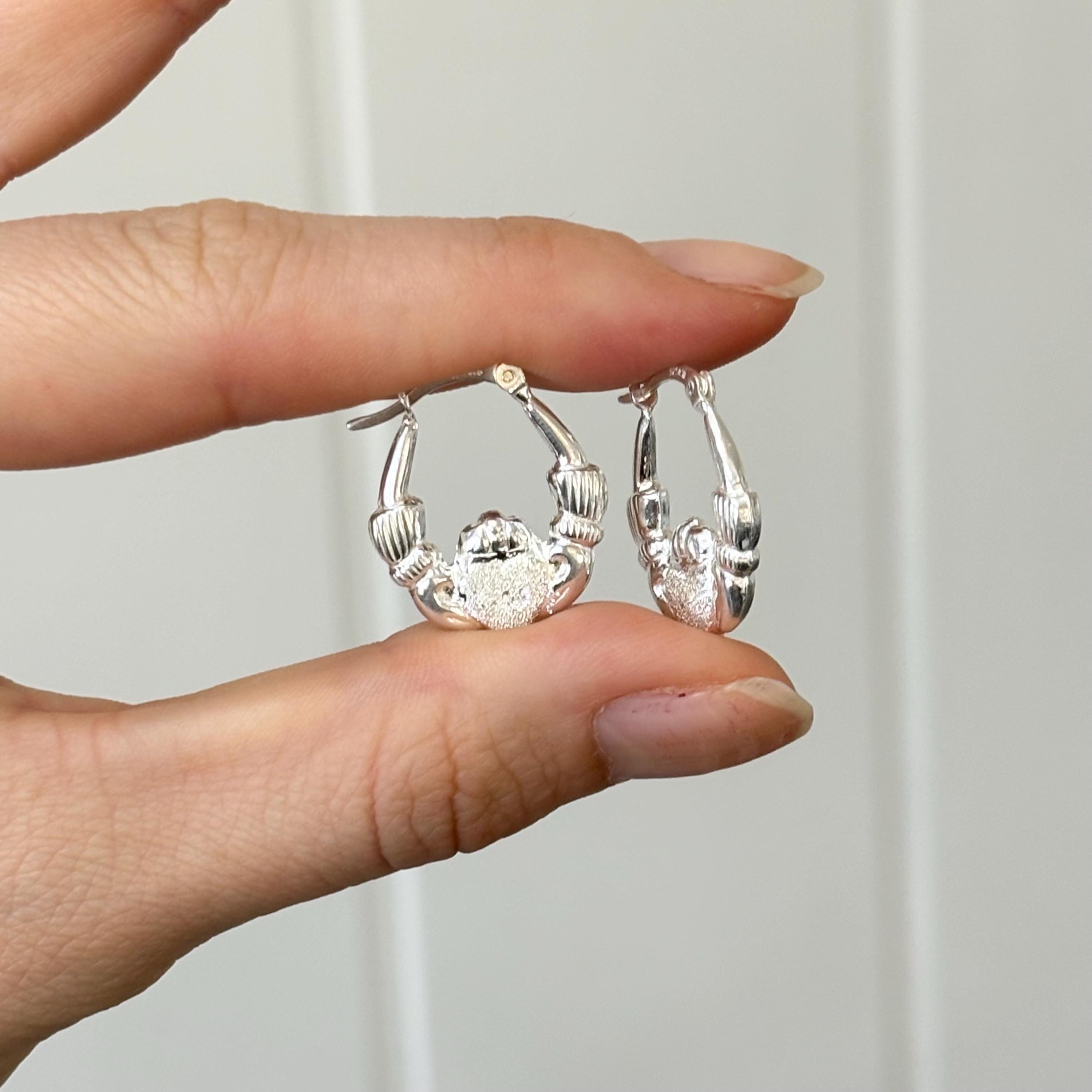 Sterling Silver Polished Textured Claddagh Hoop Earrings