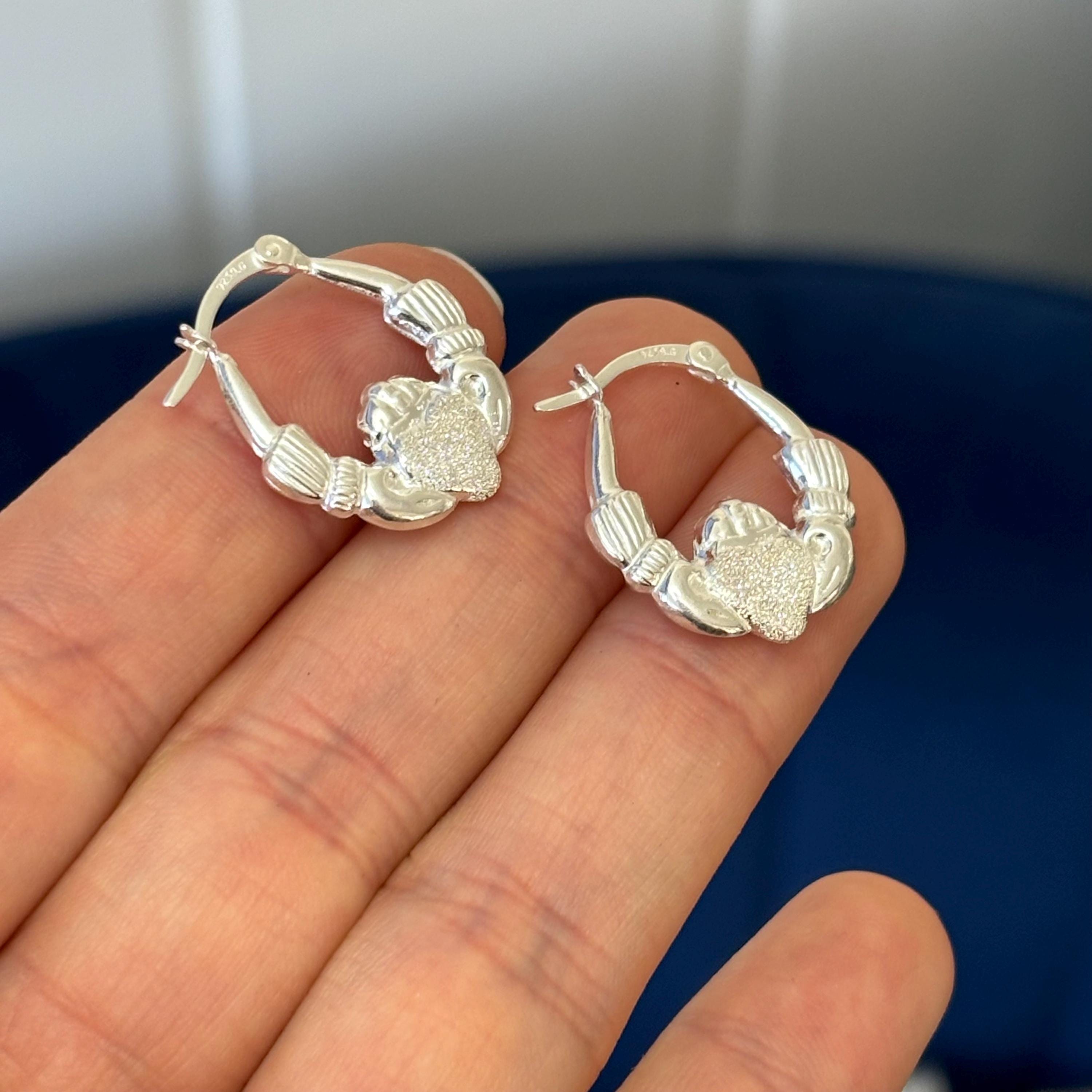 Sterling Silver Polished Textured Claddagh Hoop Earrings