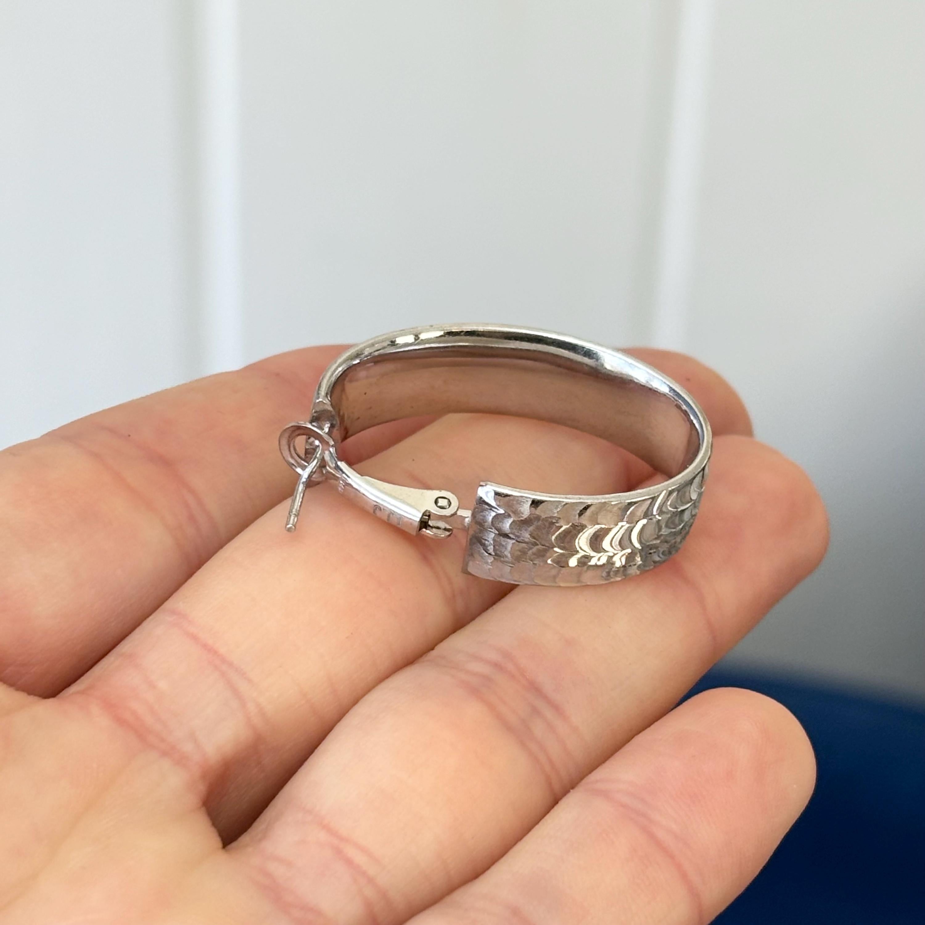 Sterling Silver Rhodium-plated Hammered Hinged  Hoop Earrings