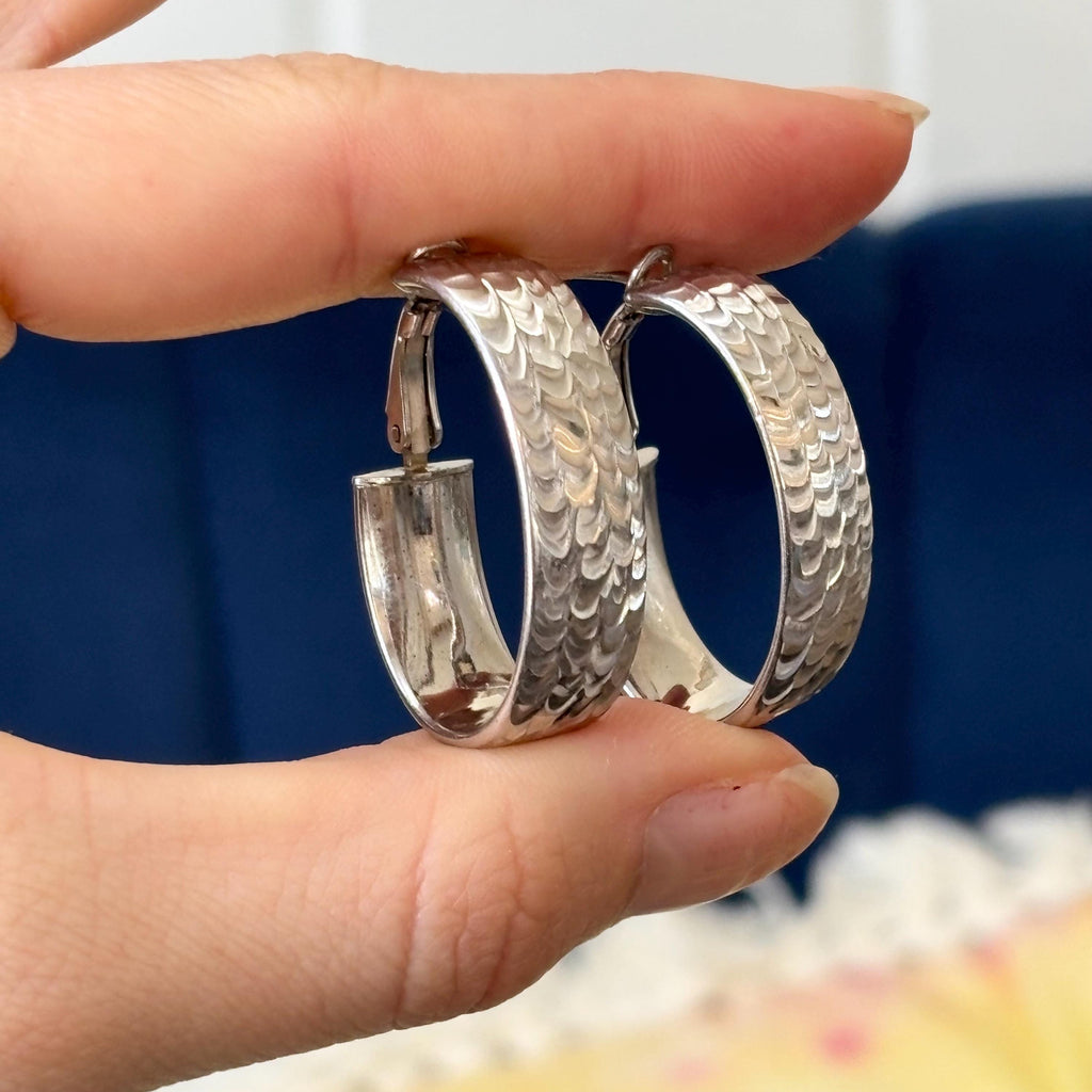 Sterling Silver Rhodium-plated Hammered Hinged  Hoop Earrings
