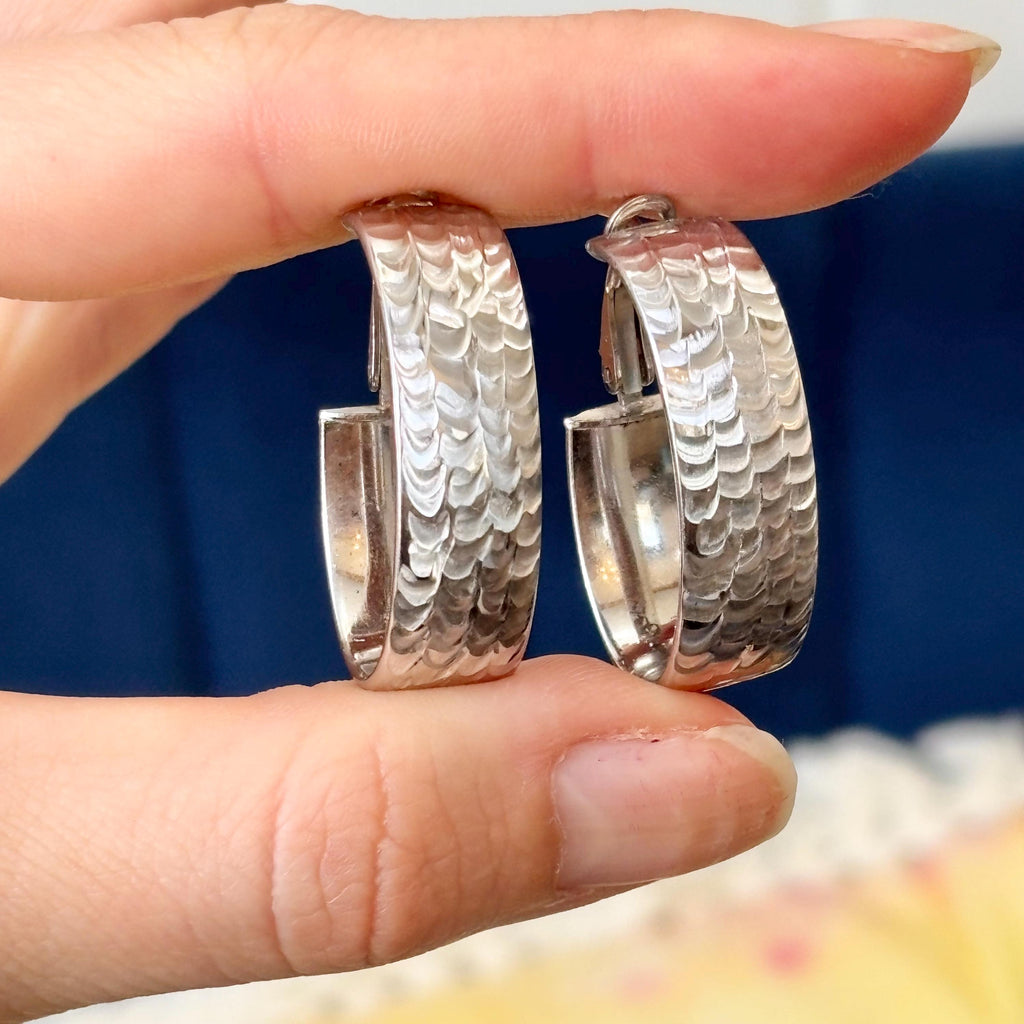 Sterling Silver Rhodium-plated Hammered Hinged  Hoop Earrings