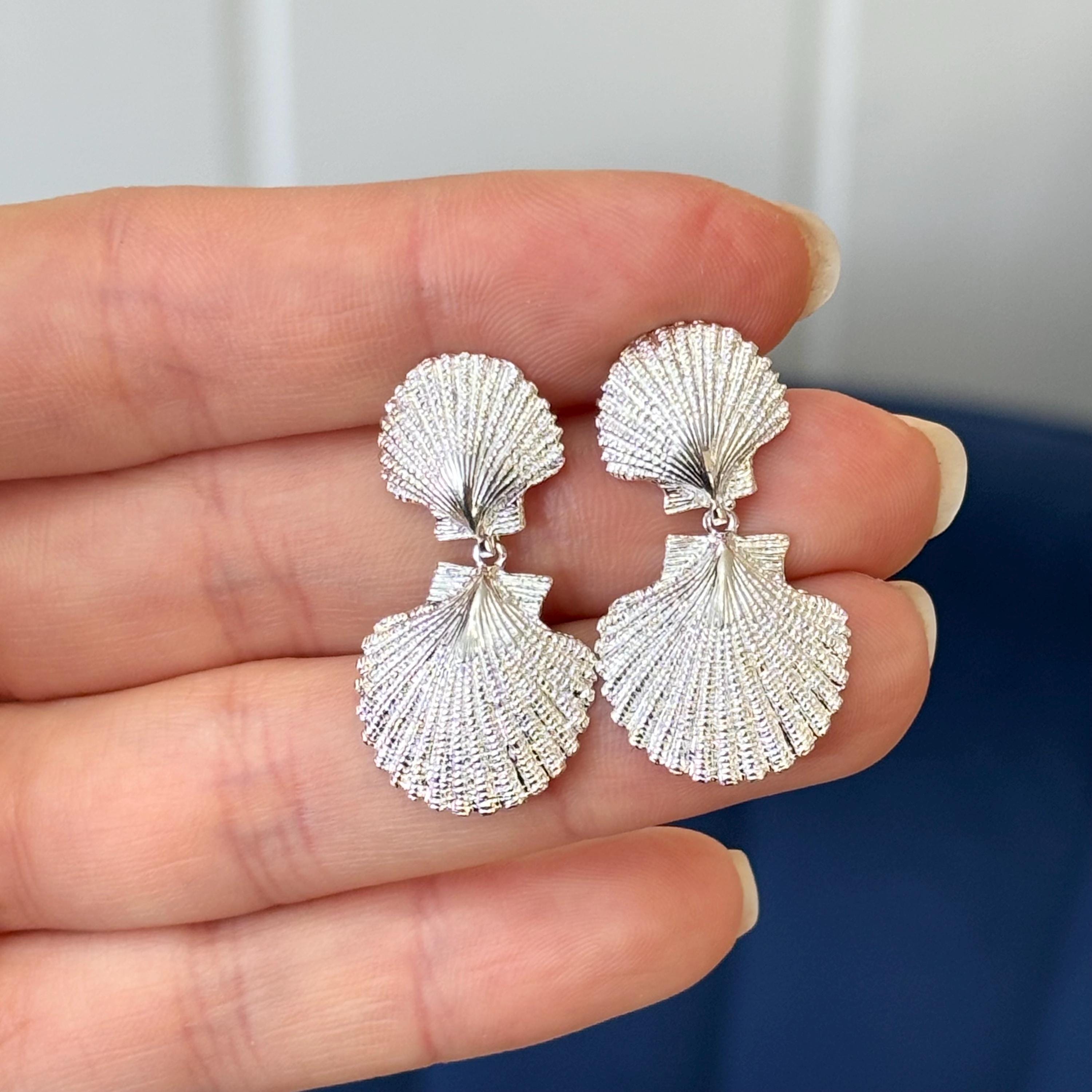 Sterling Silver Rhodium-plated Polished Double Shell Dangle Circle Earrings