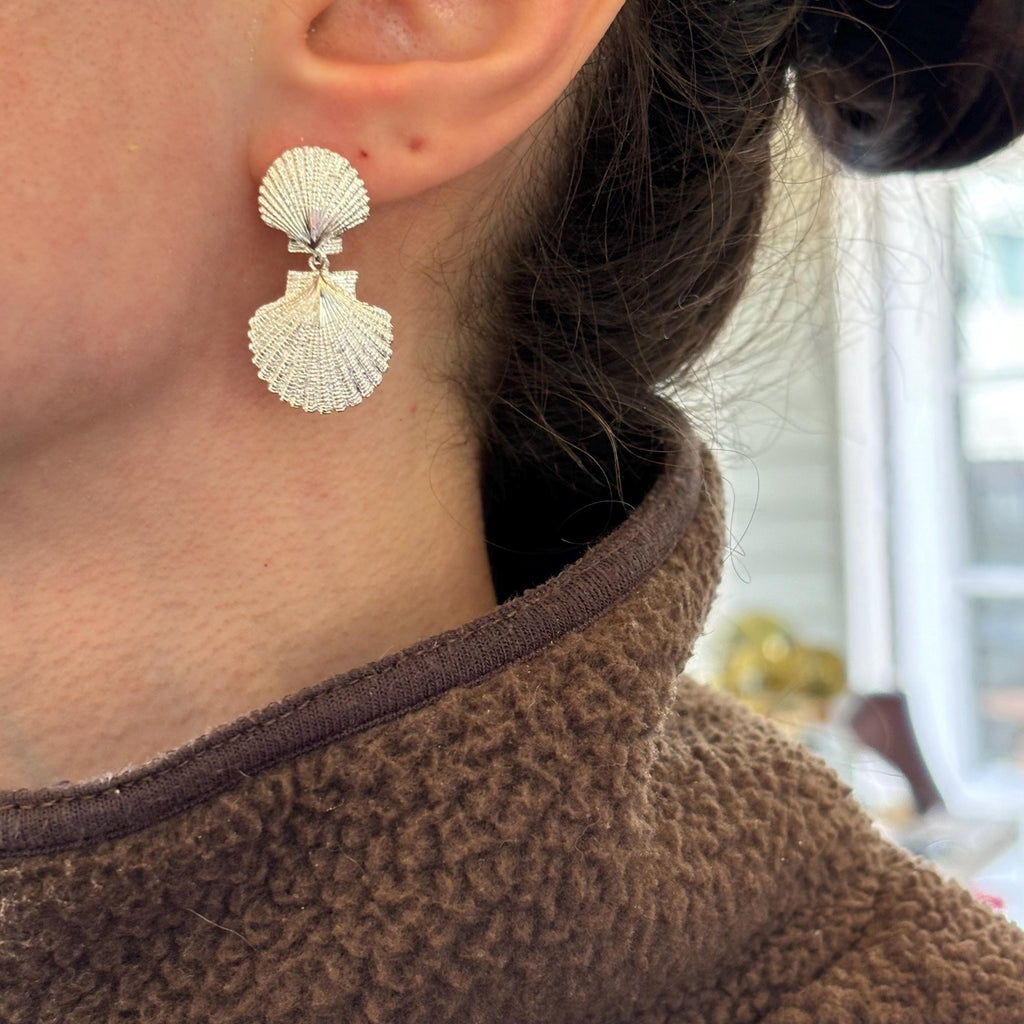 Sterling Silver Rhodium-plated Polished Double Shell Dangle Circle Earrings