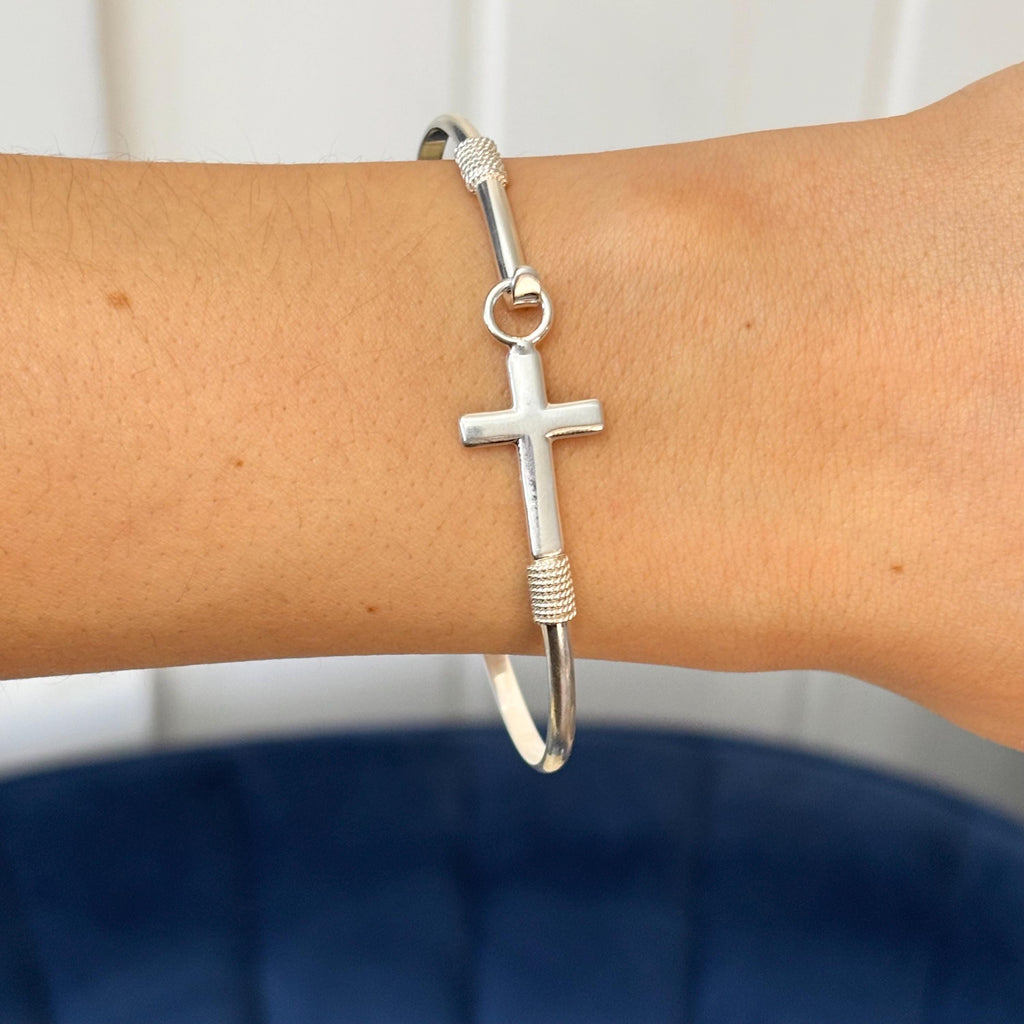 Sterling Silver Horizontal Cross Bangle Bracelet