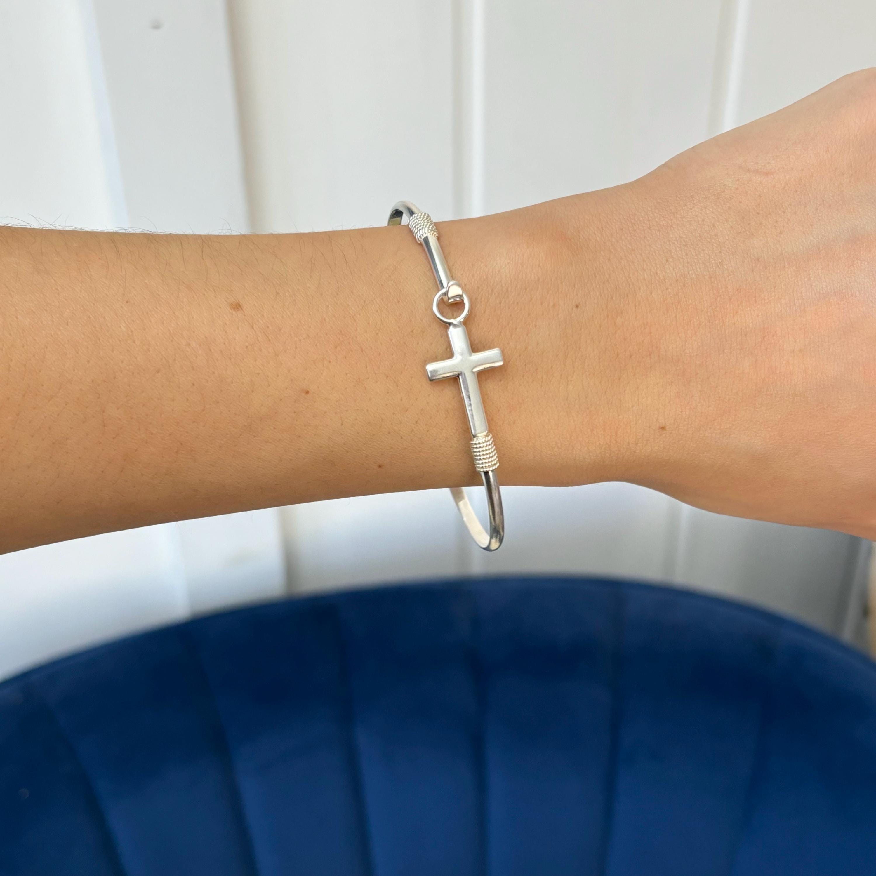 Sterling Silver Horizontal Cross Bangle Bracelet