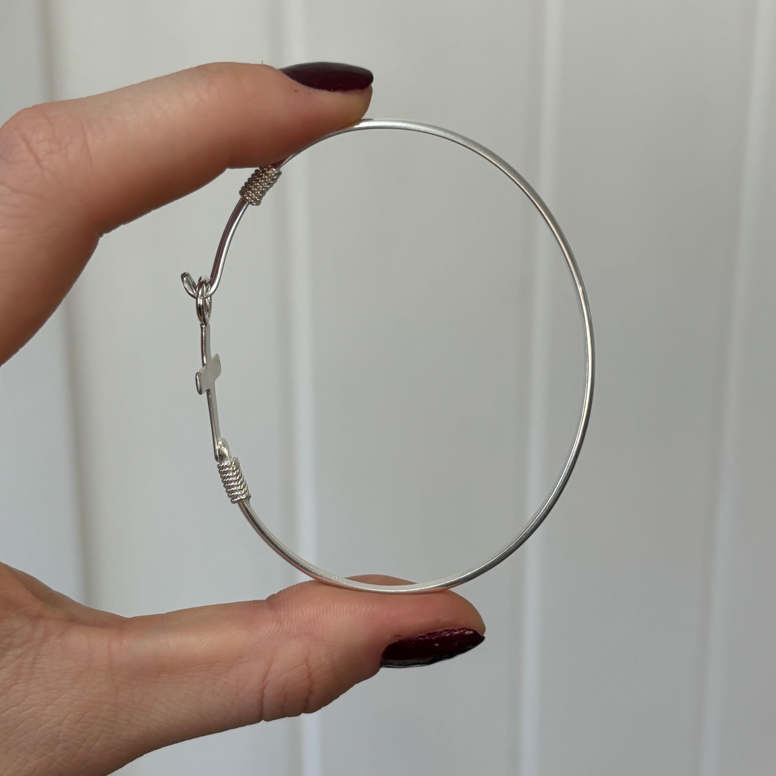 Sterling Silver Horizontal Cross Bangle Bracelet