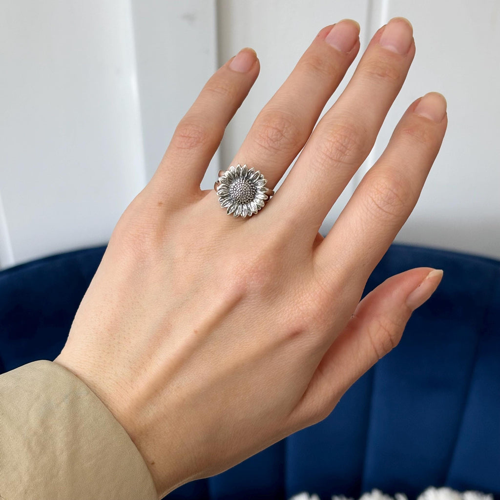 Sterling Silver Sunflower Ring Split-Shank Oxidized Size 7