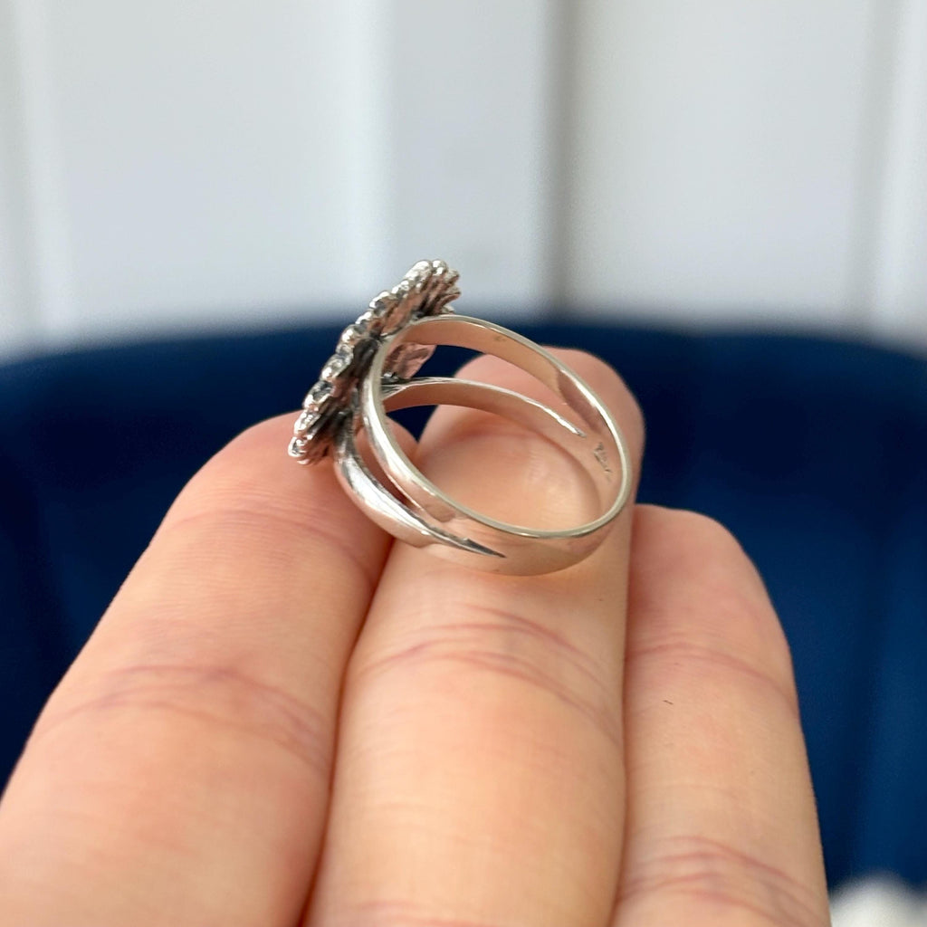 Sterling Silver Sunflower Ring Split-Shank Oxidized Size 7