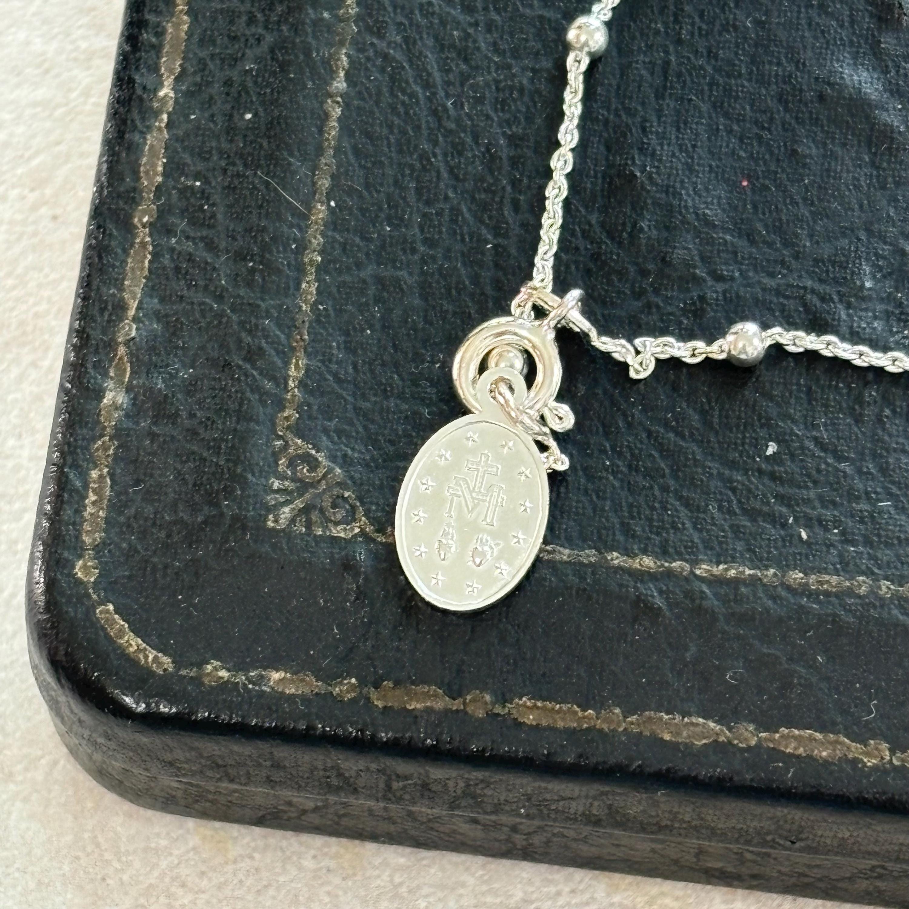 Sterling Silver Beaded Cable Chain with Miraculous Medal Rosary Bracelet