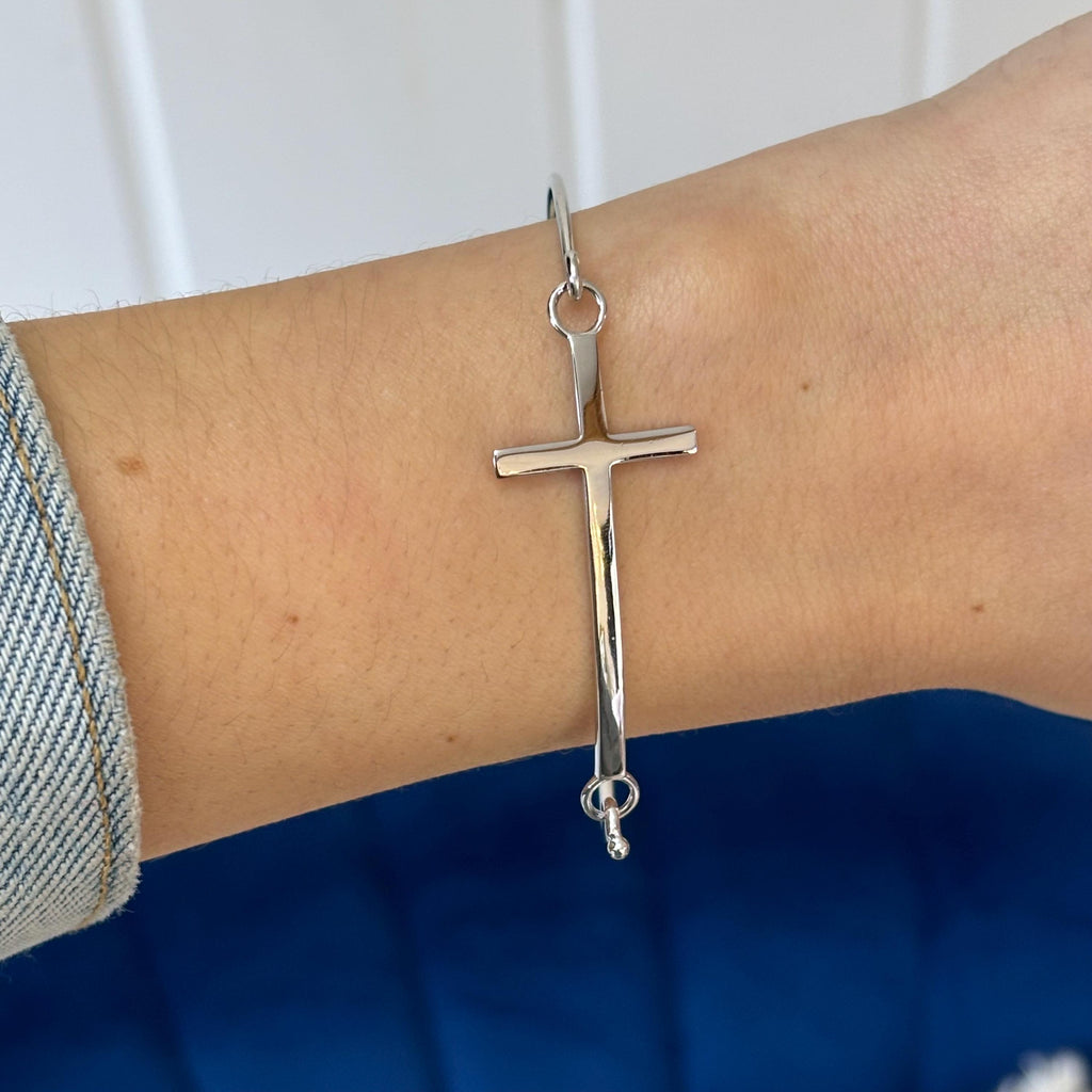 Sterling Silver Polished Bangle Bracelet with Sideways Cross