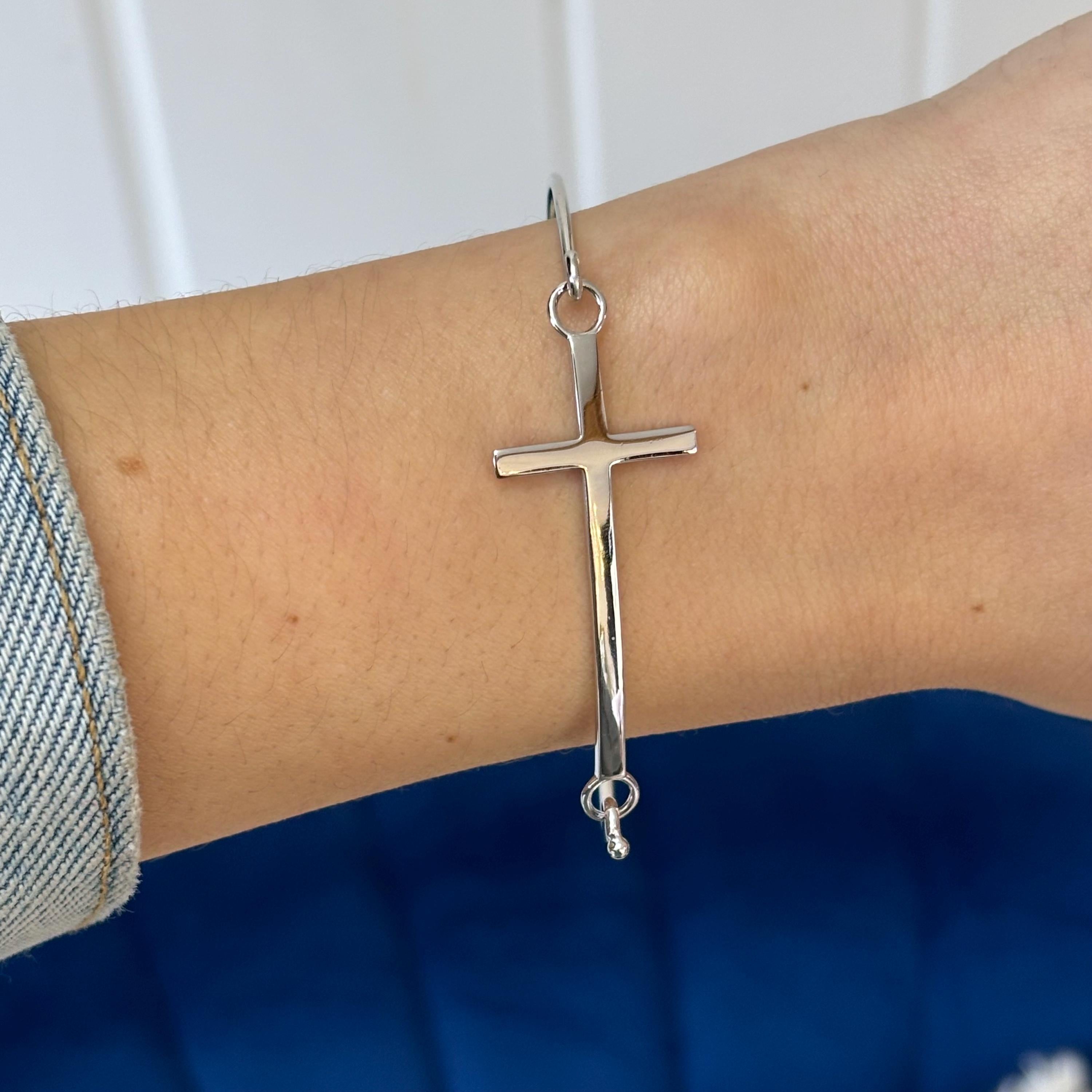 Sterling Silver Polished Bangle Bracelet with Sideways Cross