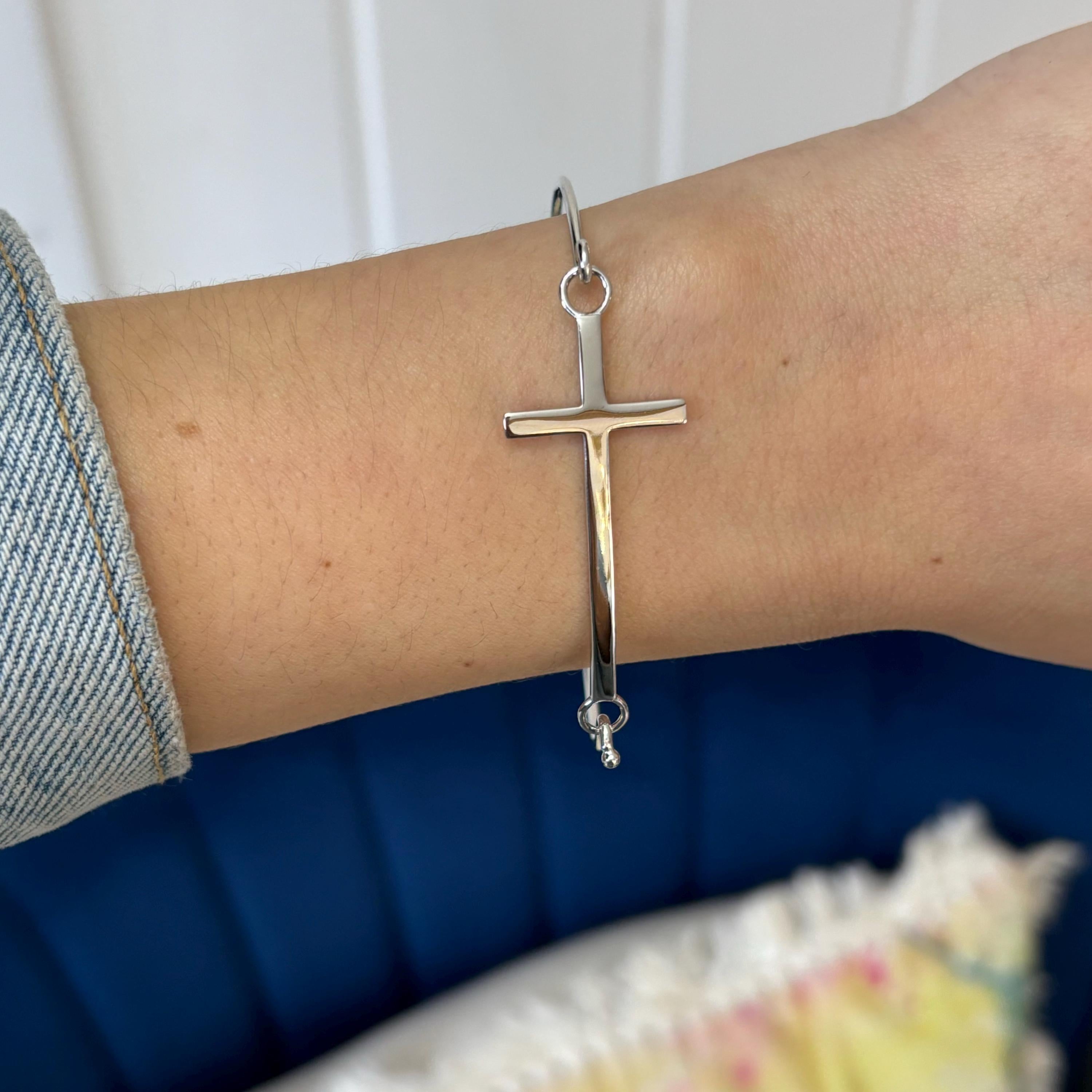 Sterling Silver Polished Bangle Bracelet with Sideways Cross