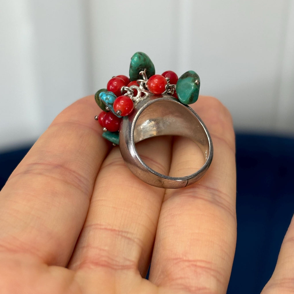 Sterling Silver Turquoise  and Red Coral Ring