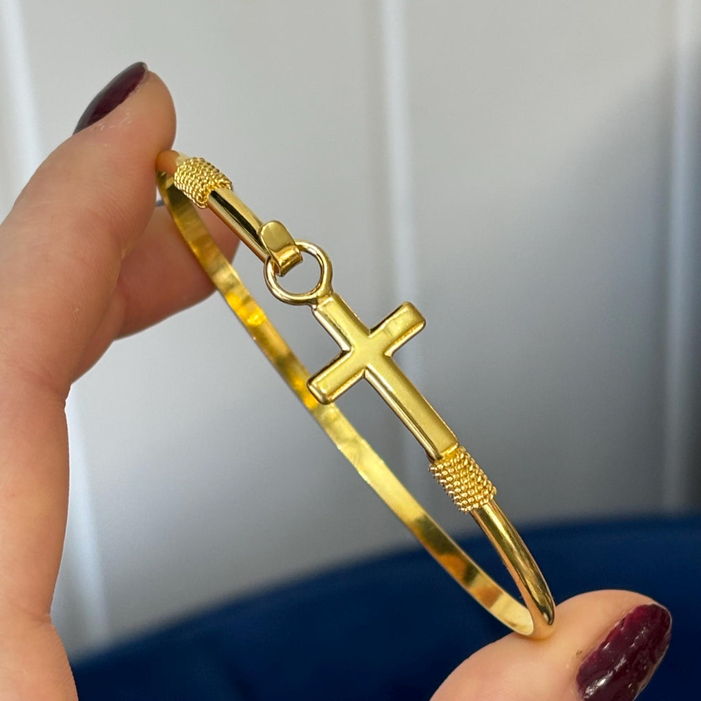 Gold Plated Sterling Silver Horizontal Cross Bangle Bracelet