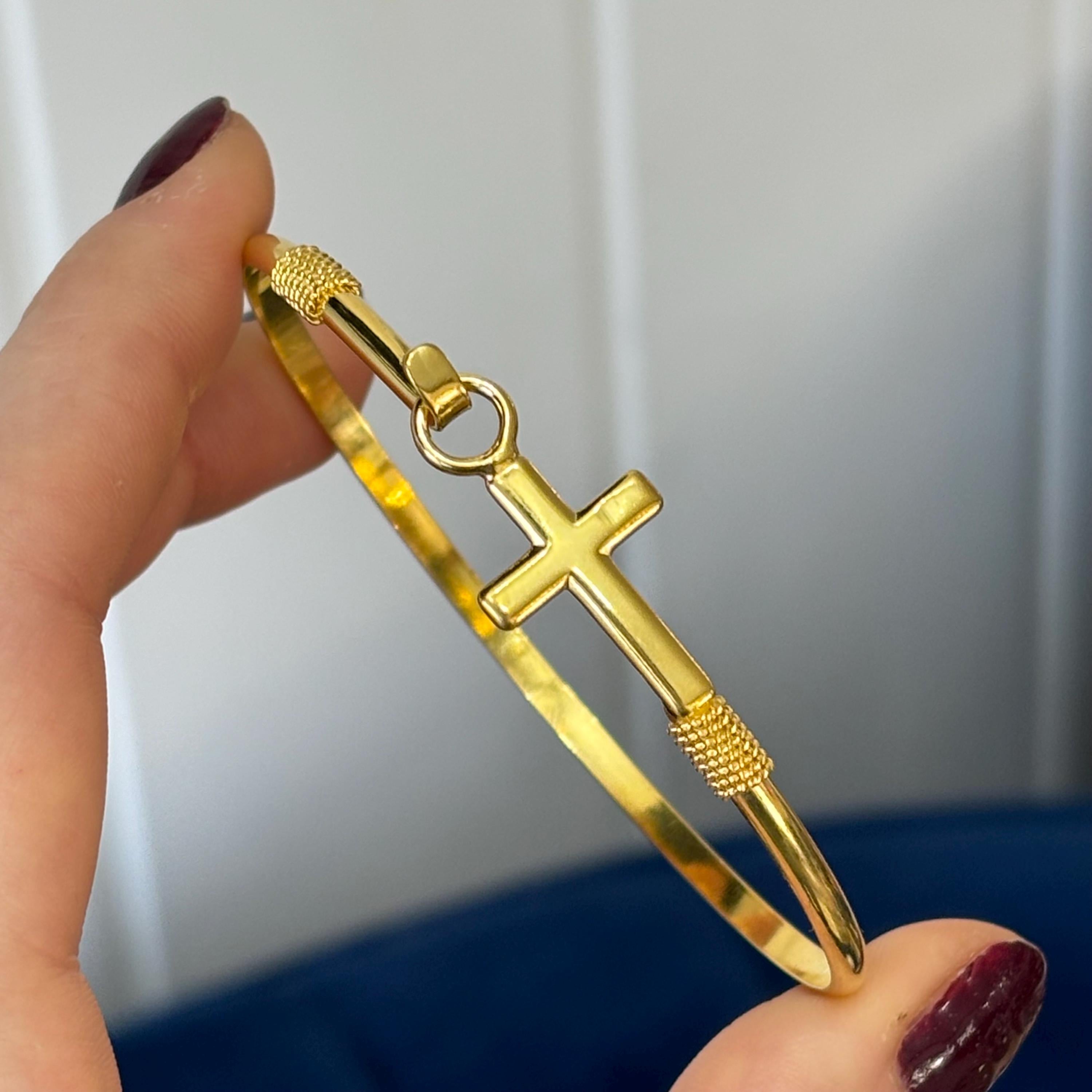 Gold Plated Sterling Silver Horizontal Cross Bangle Bracelet