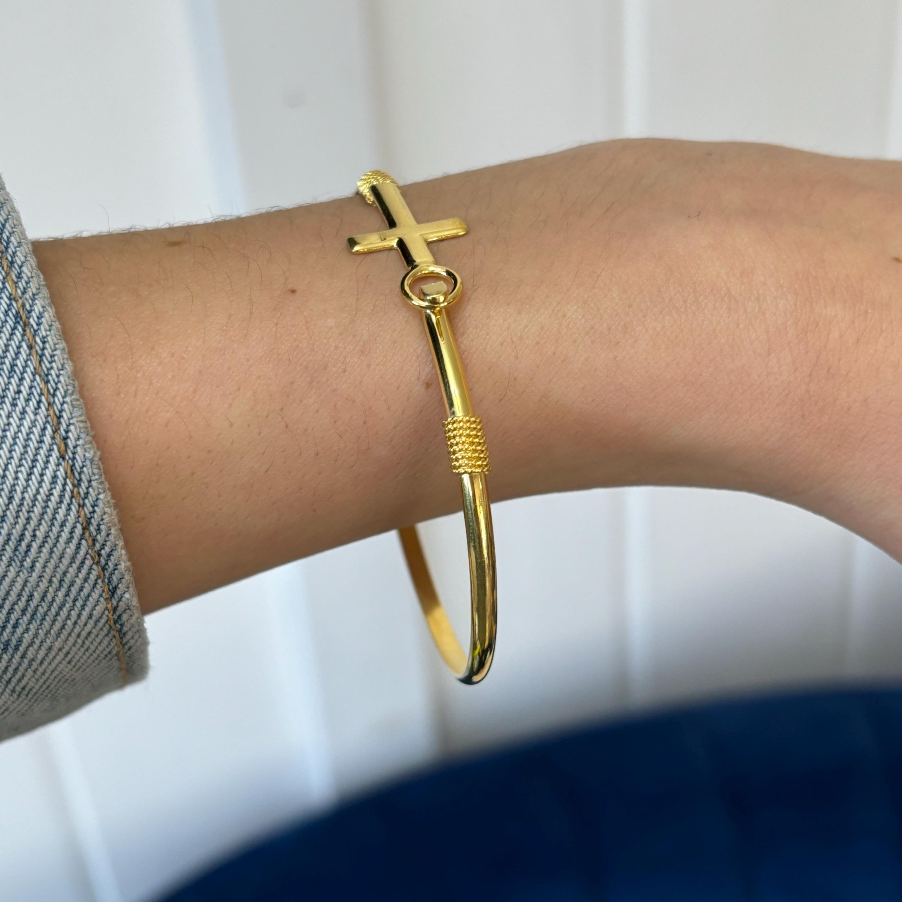 Gold Plated Sterling Silver Horizontal Cross Bangle Bracelet