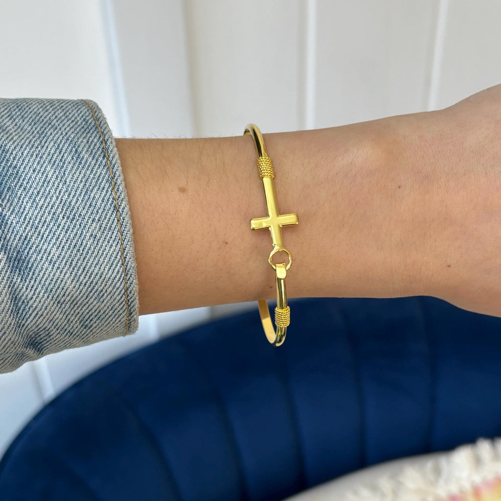 Gold Plated Sterling Silver Horizontal Cross Bangle Bracelet