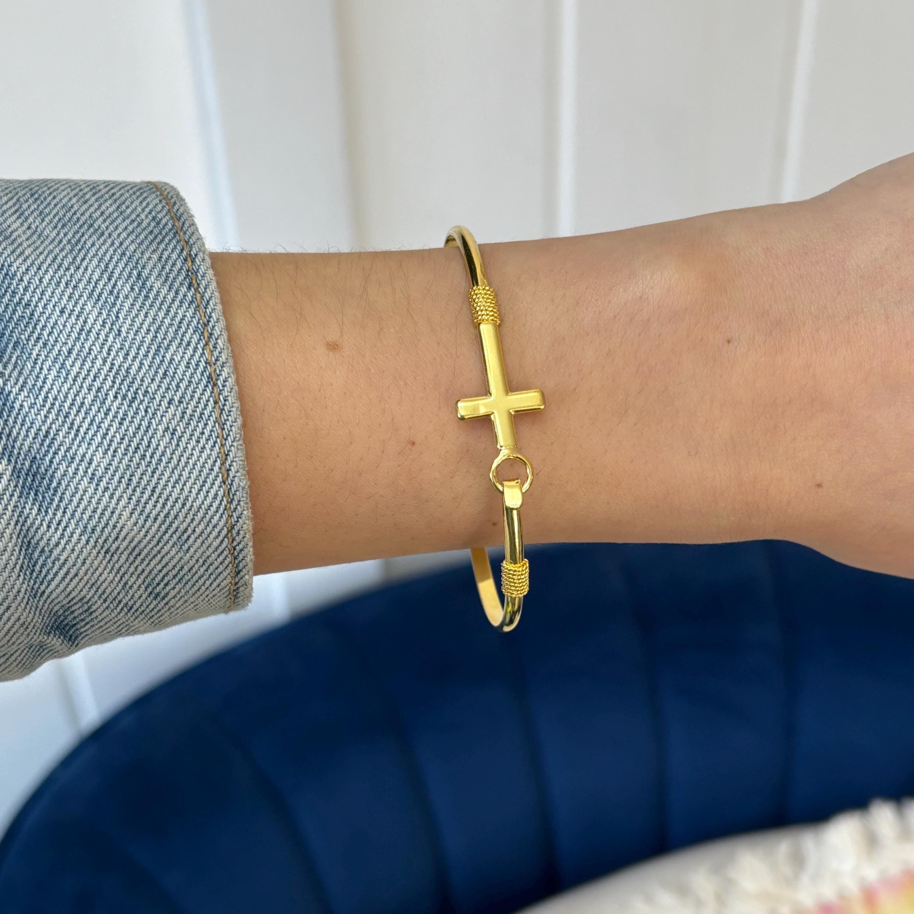 Gold Plated Sterling Silver Horizontal Cross Bangle Bracelet