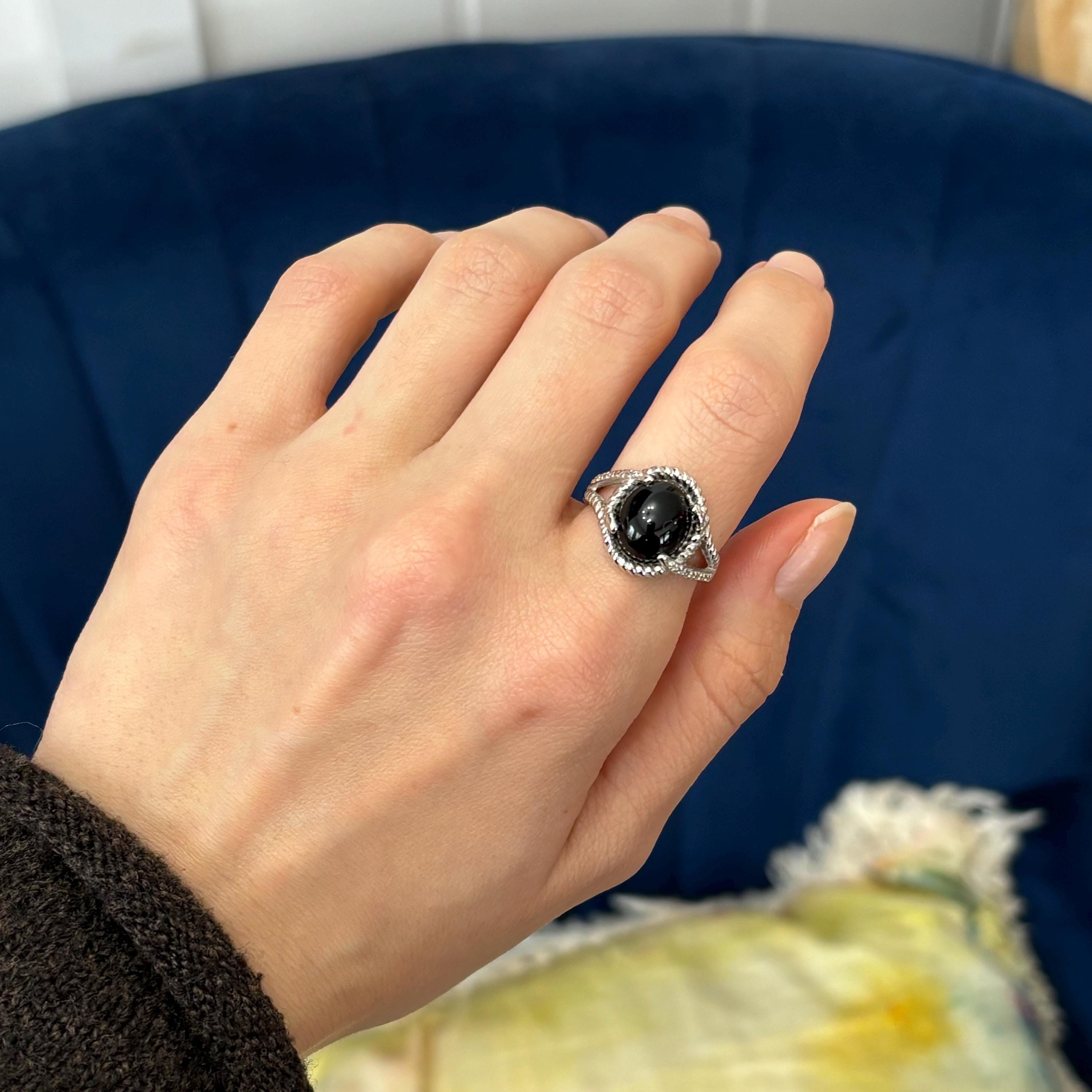Sterling Silver Rhodium -plated Onyx and Diamond Ring
