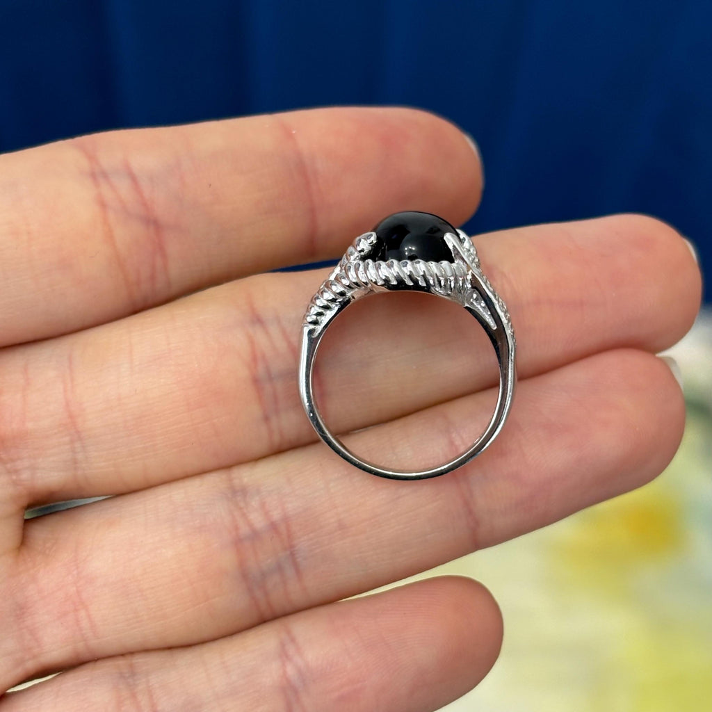 Sterling Silver Rhodium -plated Onyx and Diamond Ring