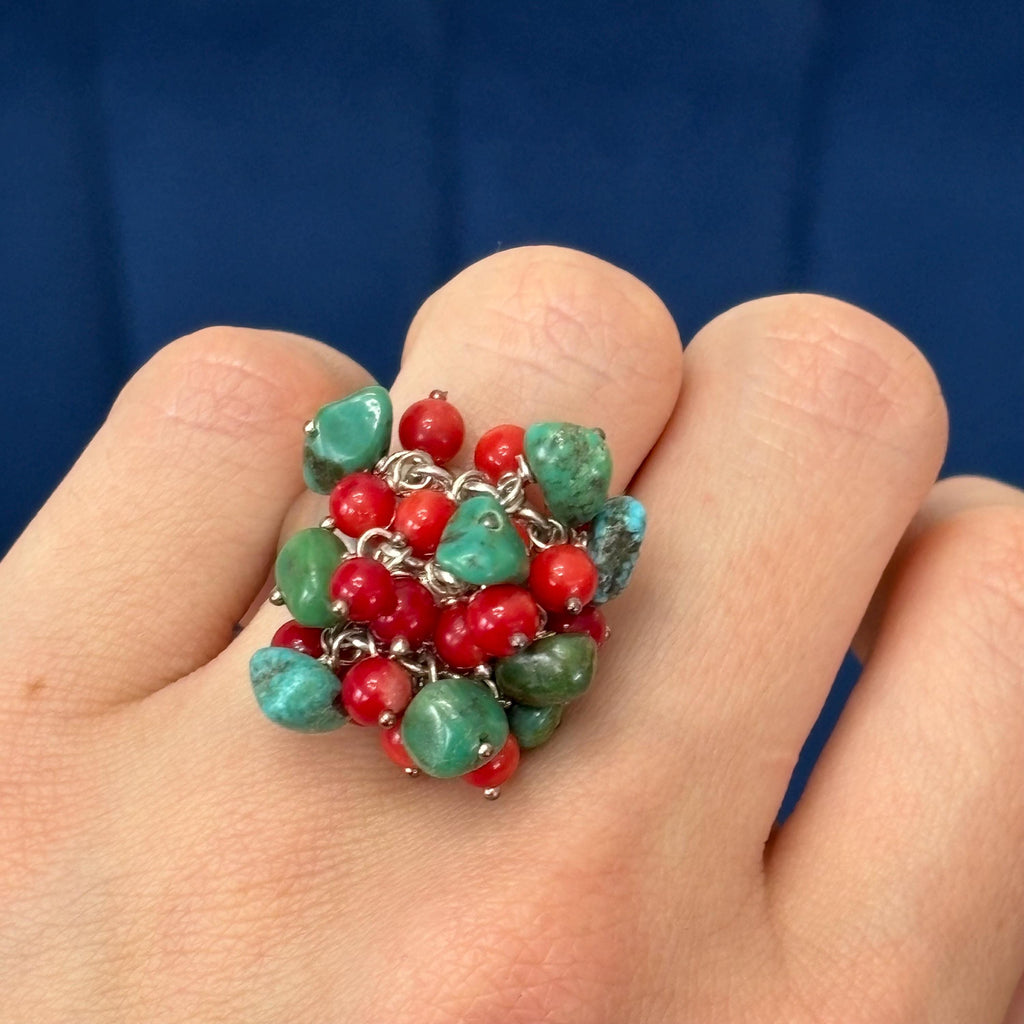 Sterling Silver Turquoise  and Red Coral Ring