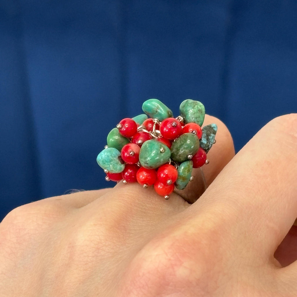 Sterling Silver Turquoise  and Red Coral Ring