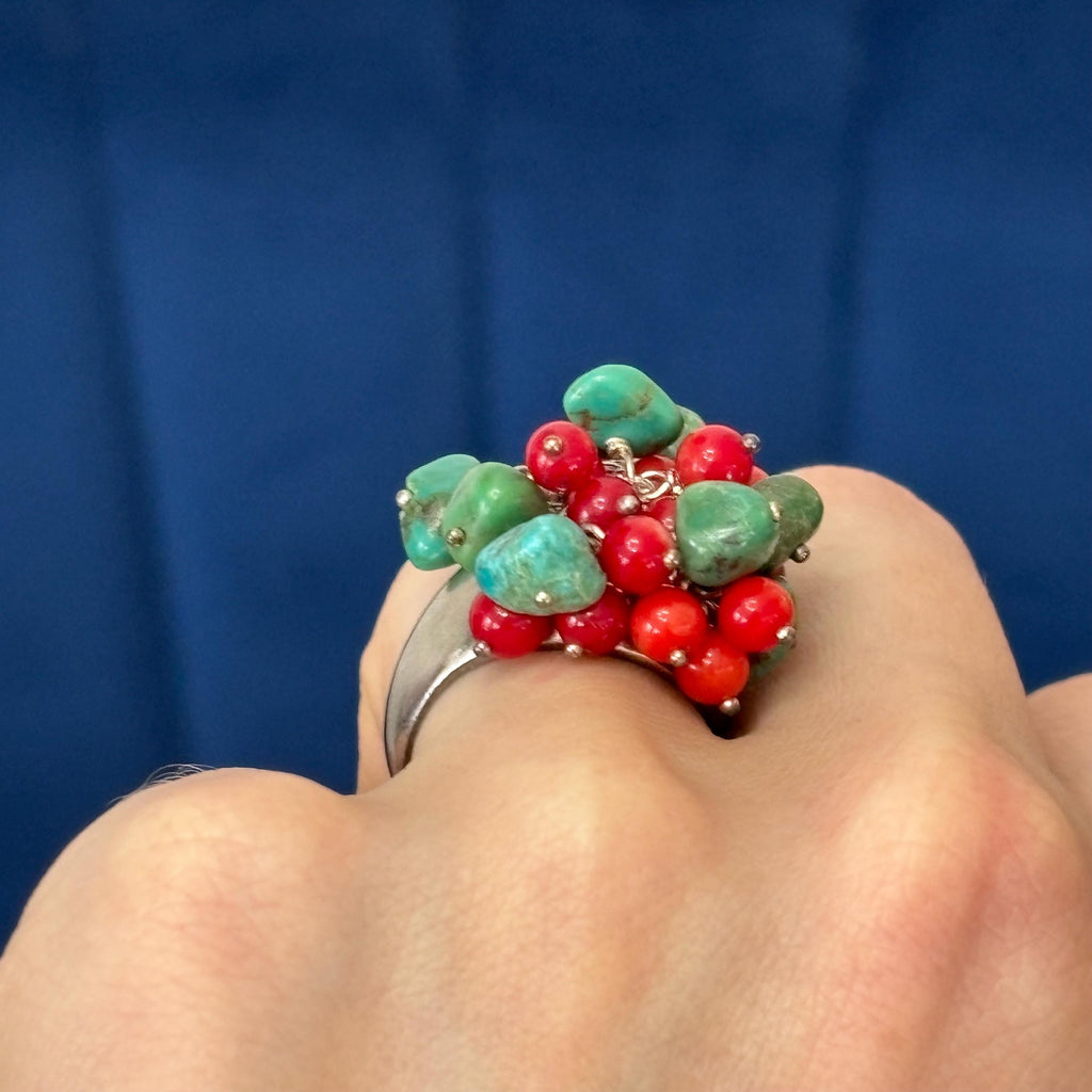 Sterling Silver Turquoise  and Red Coral Ring