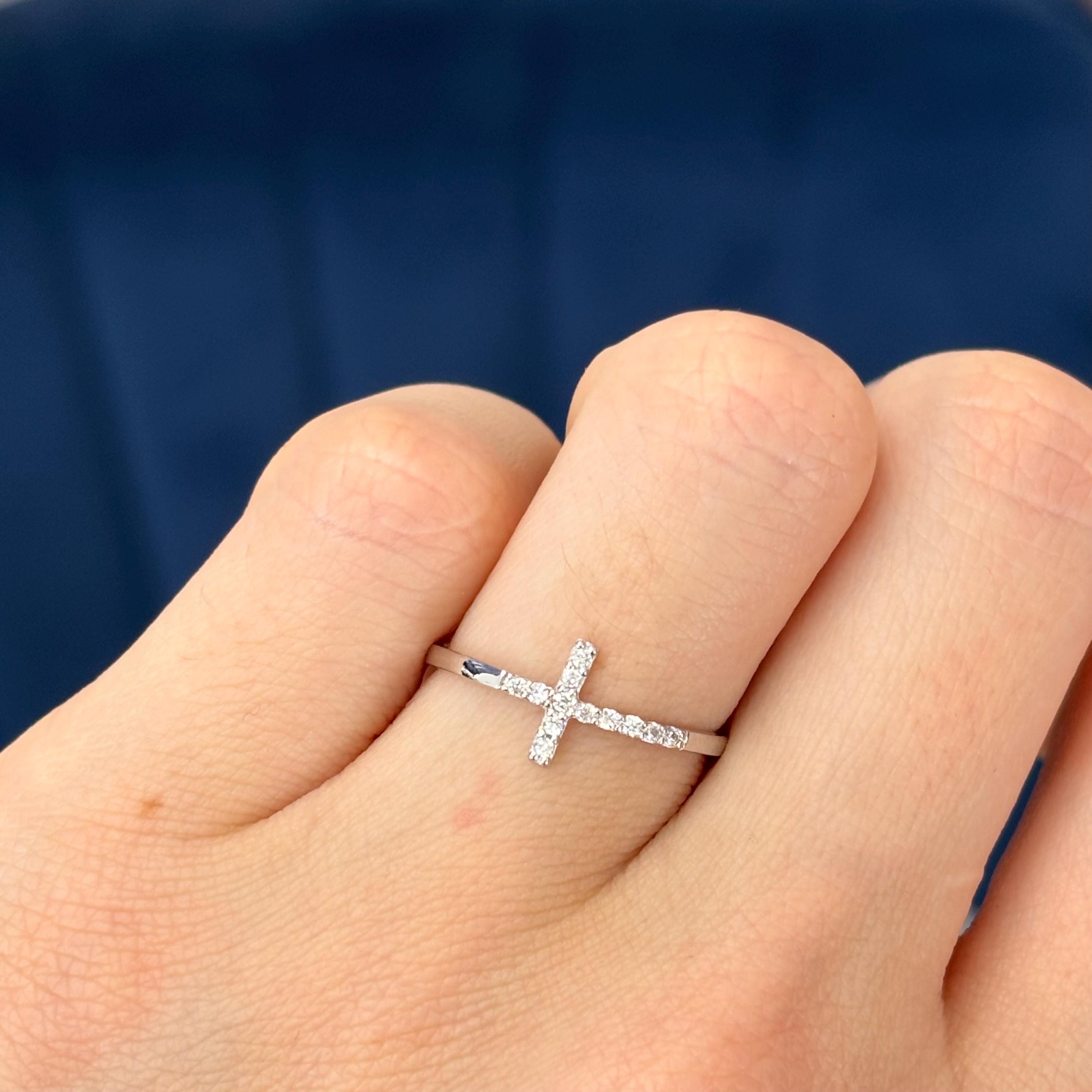 Sterling Silver Rhodium-plated CZ Sideways Cross Ring  Size 7