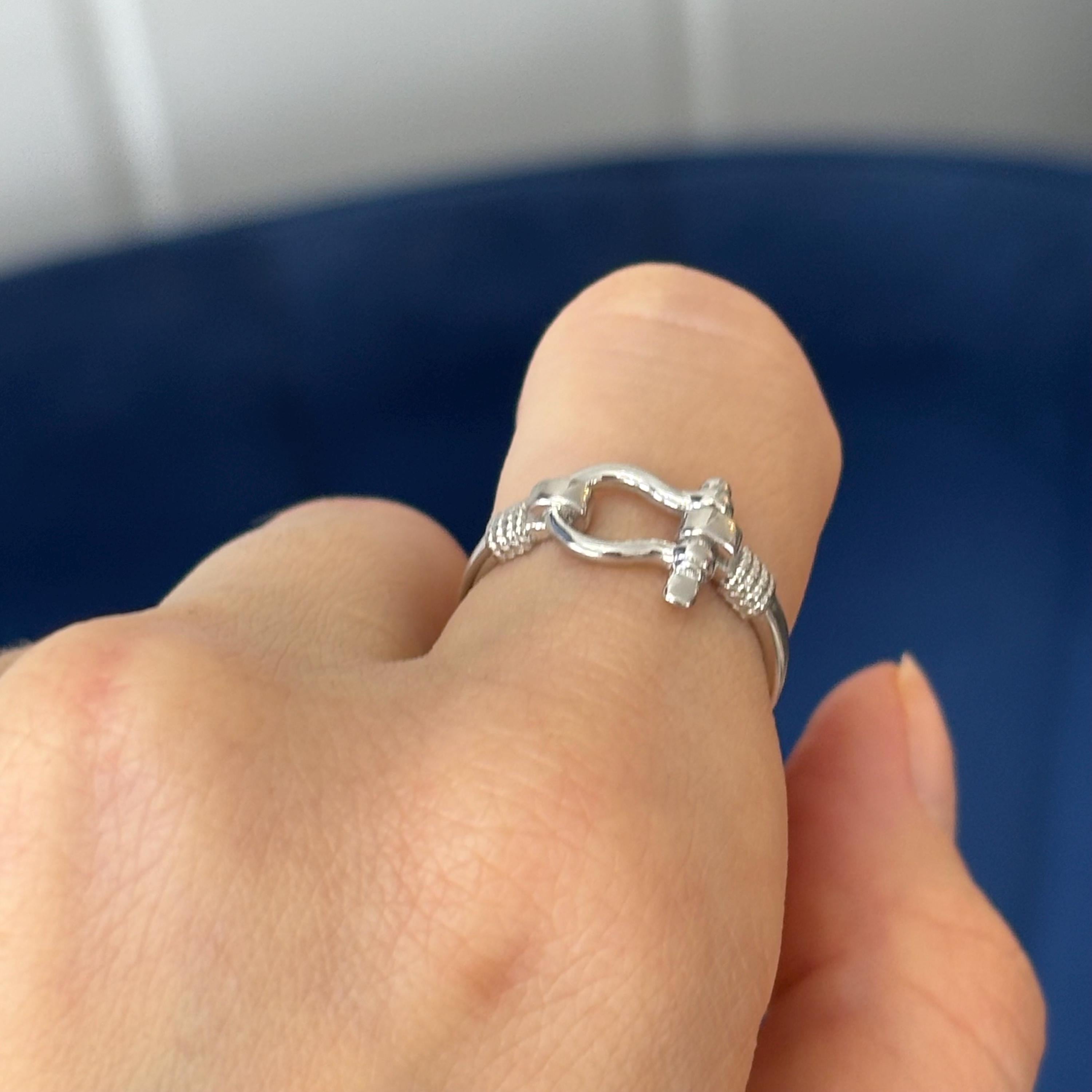Sterling Silver Rhodium-plated Polished Shackle with Rope-trim Ring Size 8