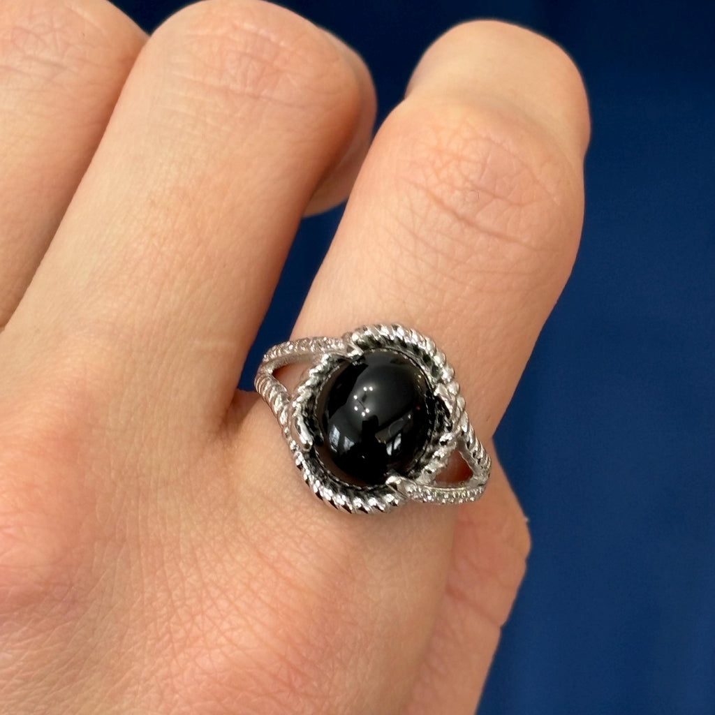 Sterling Silver Rhodium -plated Onyx and Diamond Ring