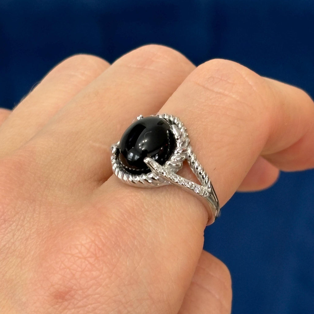 Sterling Silver Rhodium -plated Onyx and Diamond Ring