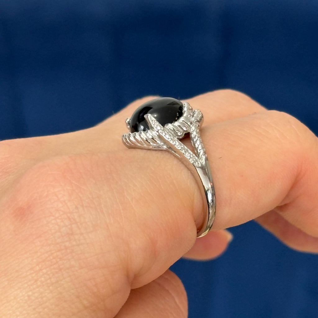 Sterling Silver Rhodium -plated Onyx and Diamond Ring