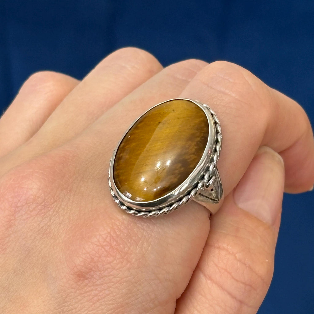 Sterling Silver Antiqued Oval Tiger Eye Ring