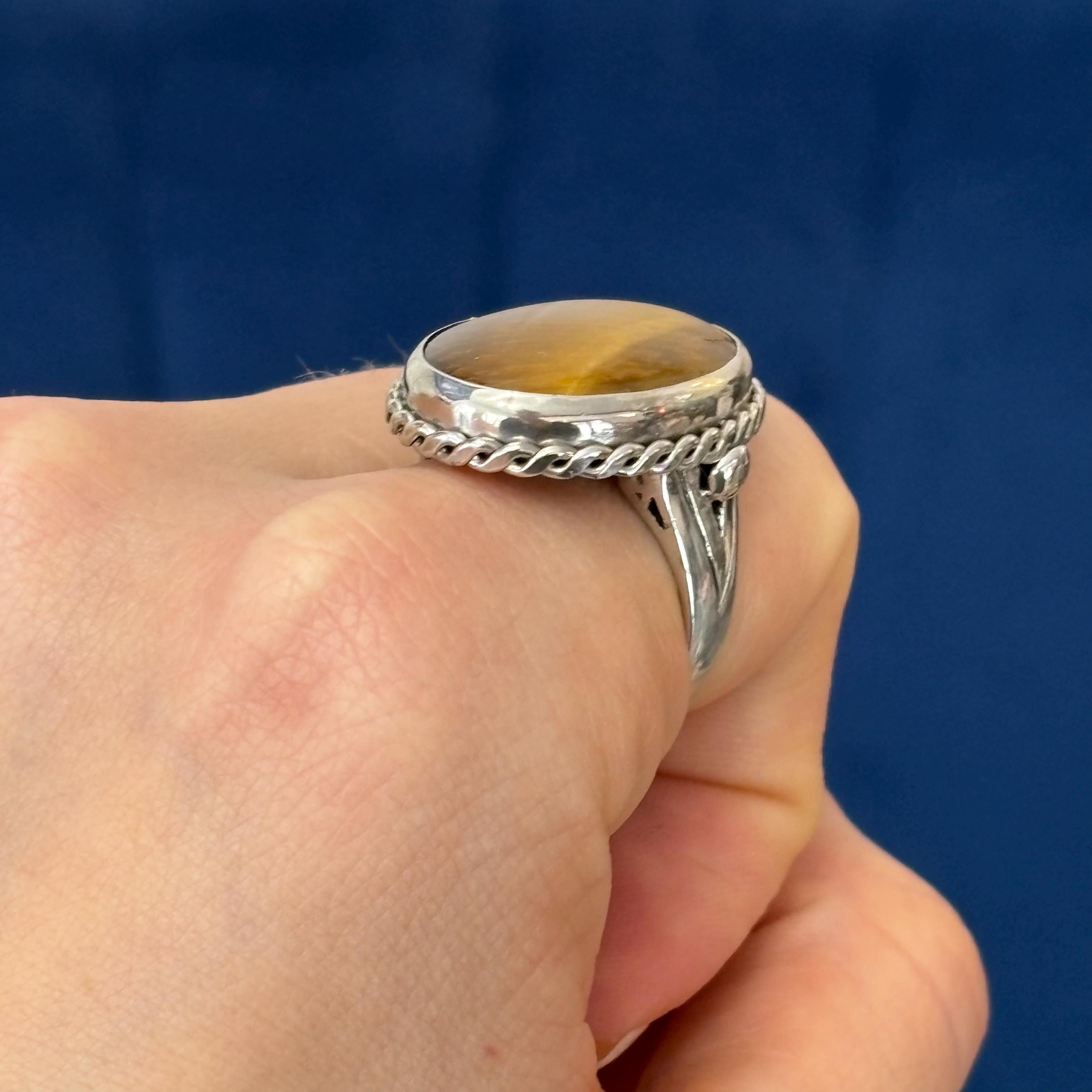 Sterling Silver Antiqued Oval Tiger Eye Ring