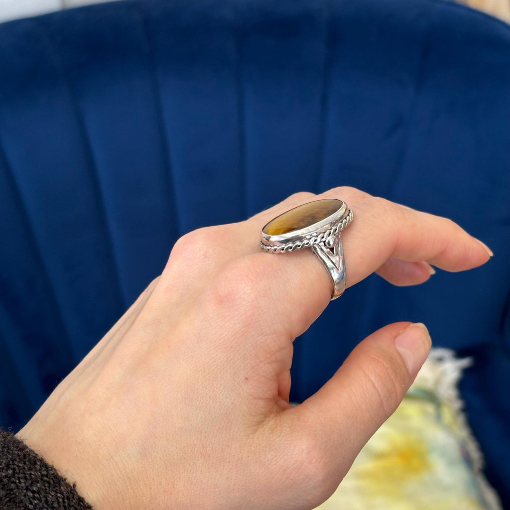Sterling Silver Antiqued Oval Tiger Eye Ring