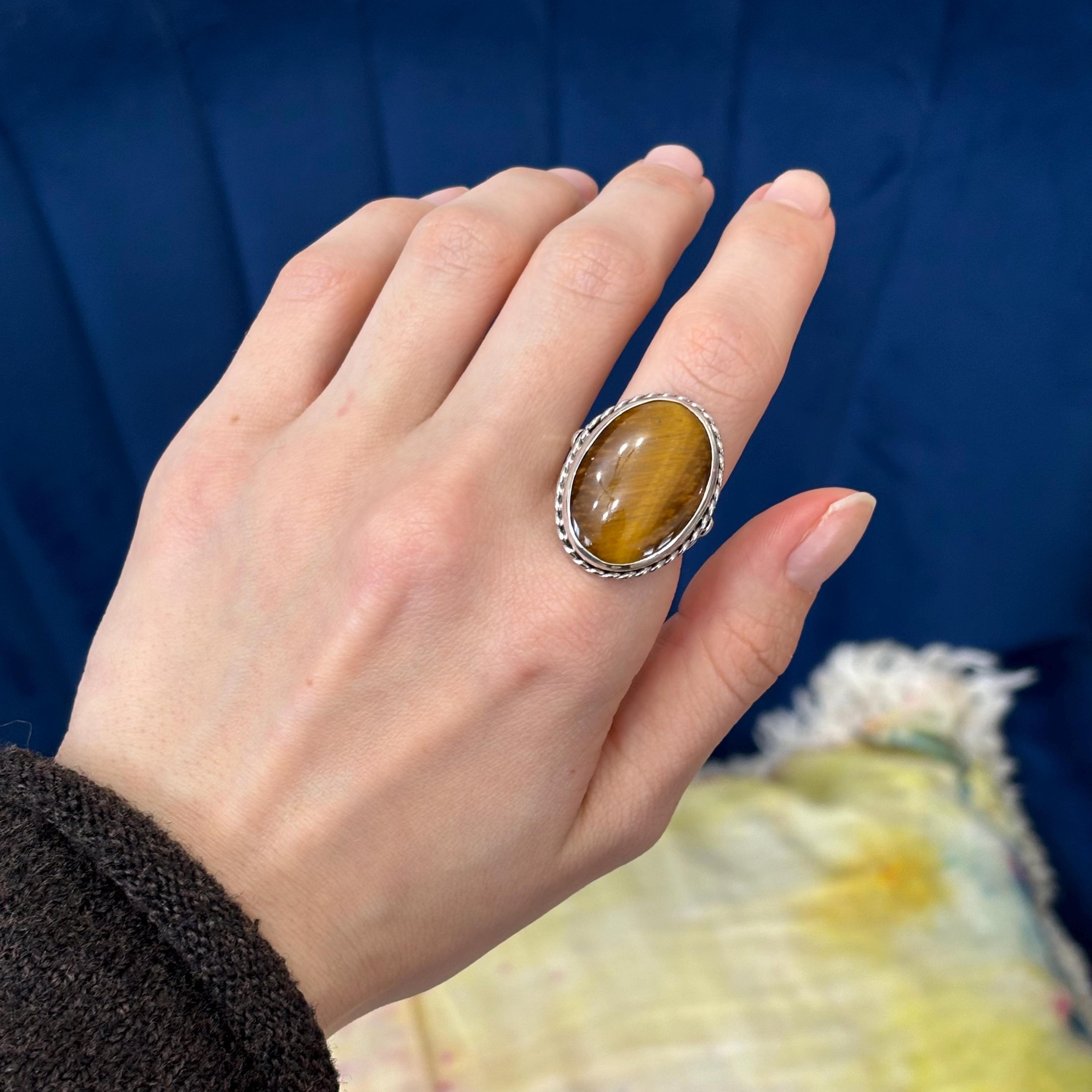 Sterling Silver Antiqued Oval Tiger Eye Ring