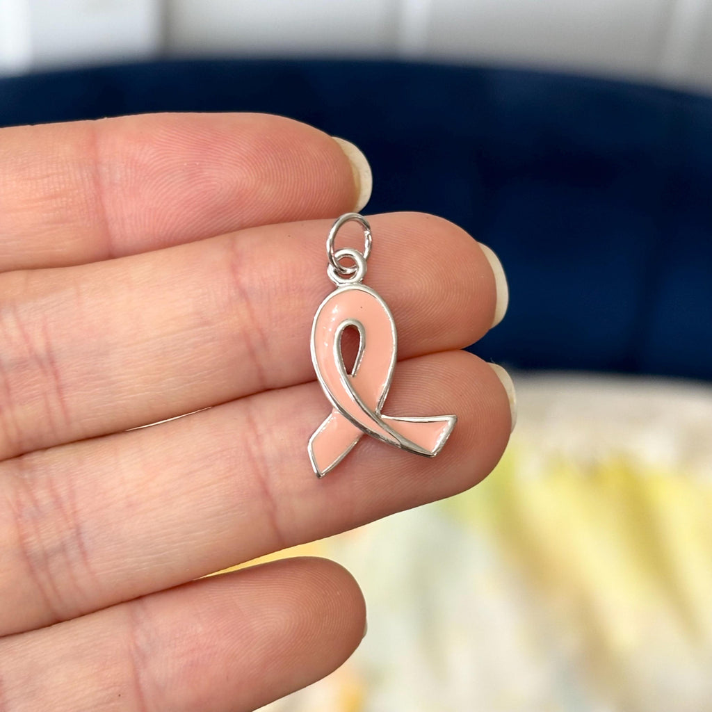 Sterling Silver Rhodium-plated Enamel Pink Ribbon Charm Pendant