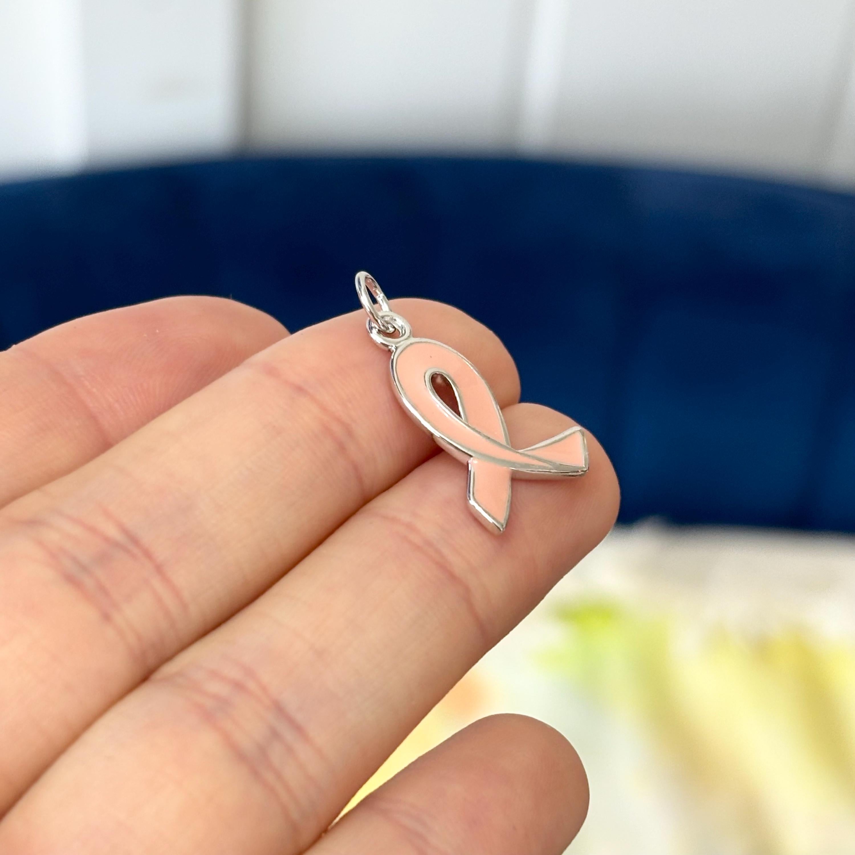 Sterling Silver Rhodium-plated Enamel Pink Ribbon Charm Pendant