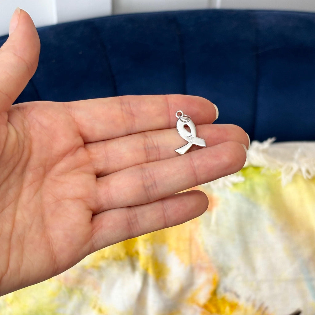 Sterling Silver Rhodium-plated Enamel Pink Ribbon Charm Pendant