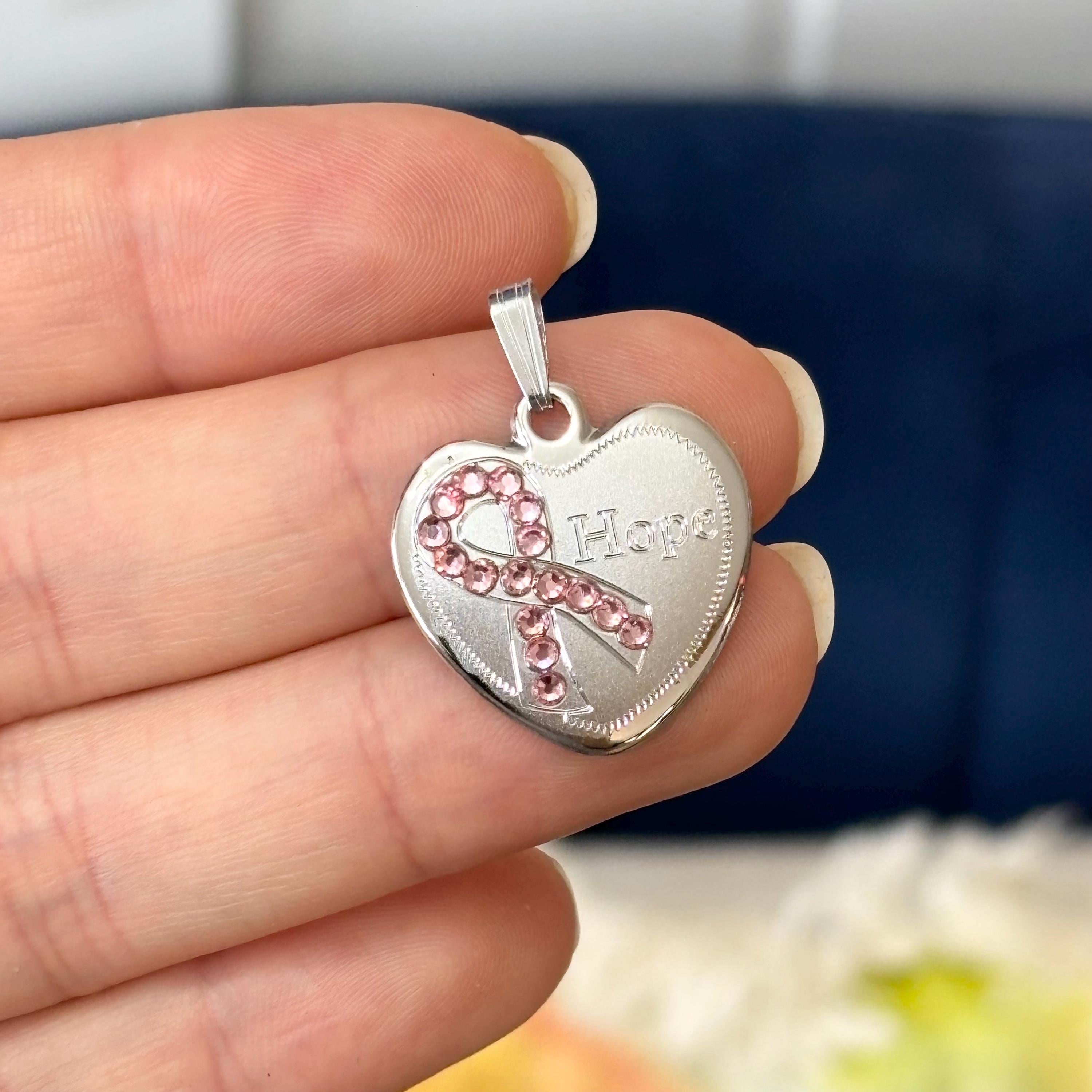 Sterling Silver Rhodium-plated Pink Crystal Hope Heart Ribbon Pendant