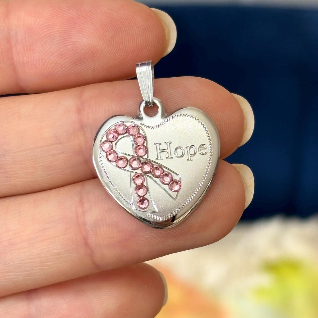 Sterling Silver Rhodium-plated Pink Crystal Hope Heart Ribbon Pendant