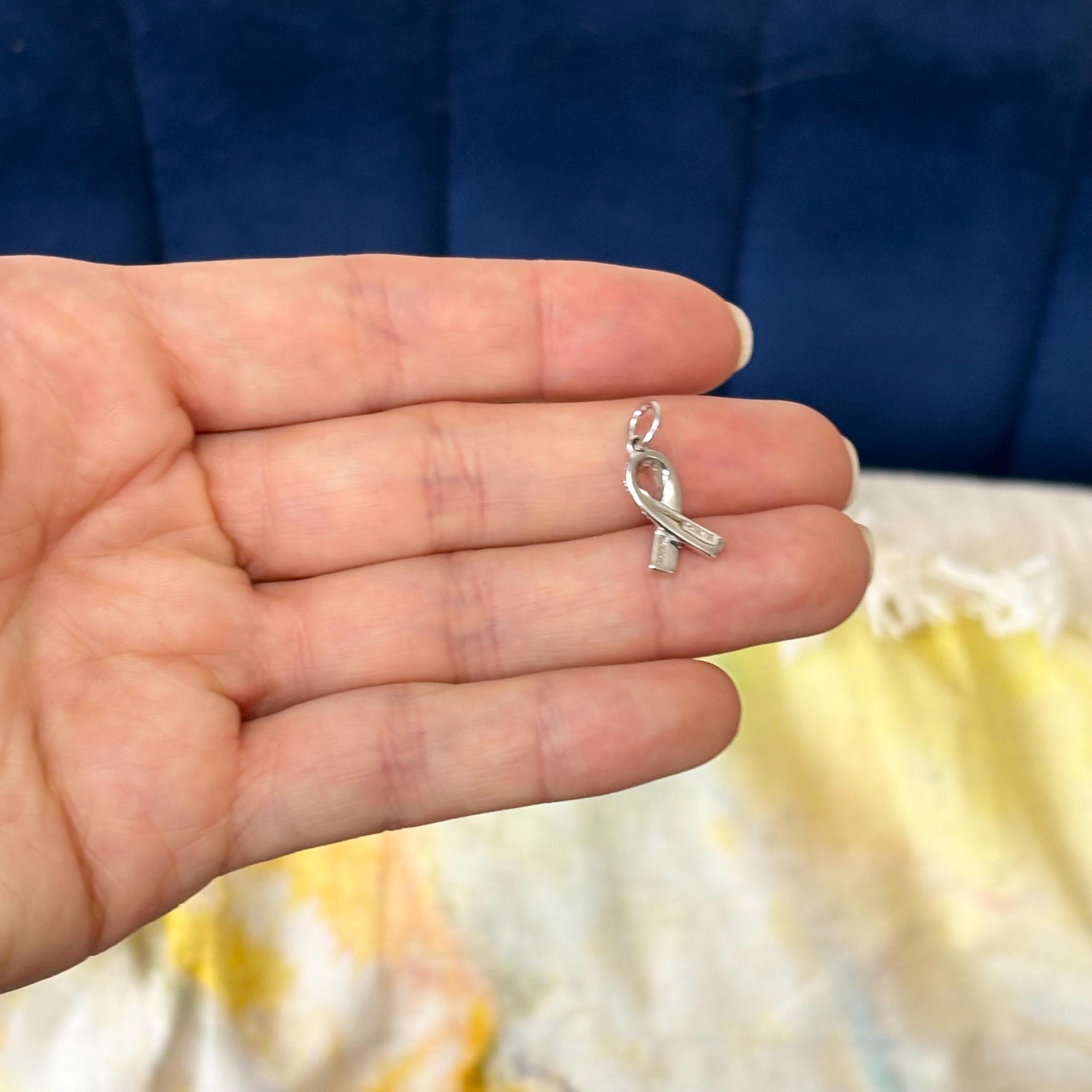 Sterling Silver Rhodium-plated Enamel Pink Ribbon Studded Charm