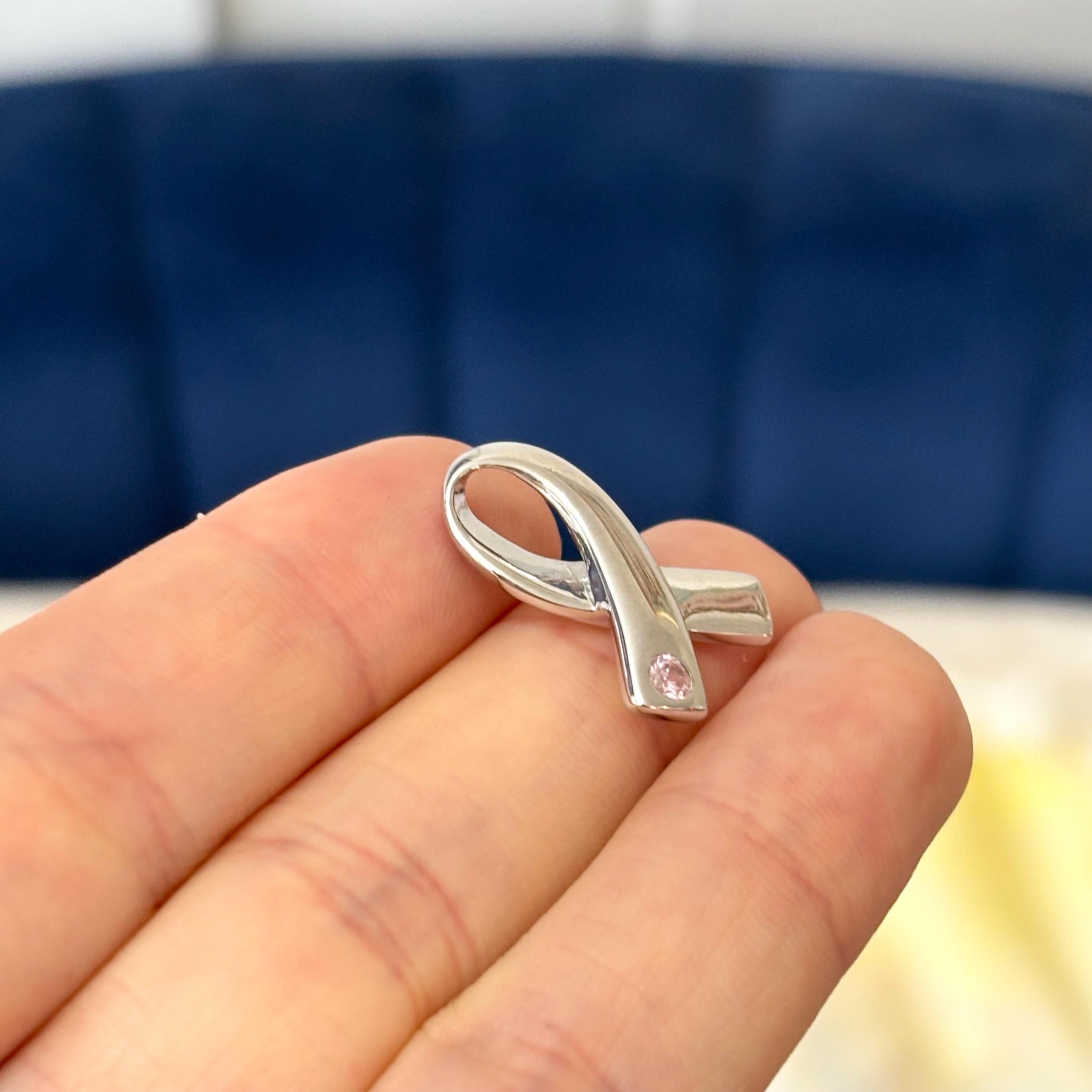 Sterling Silver Rhodium-plated Pink CZ Awareness Ribbon Pendant